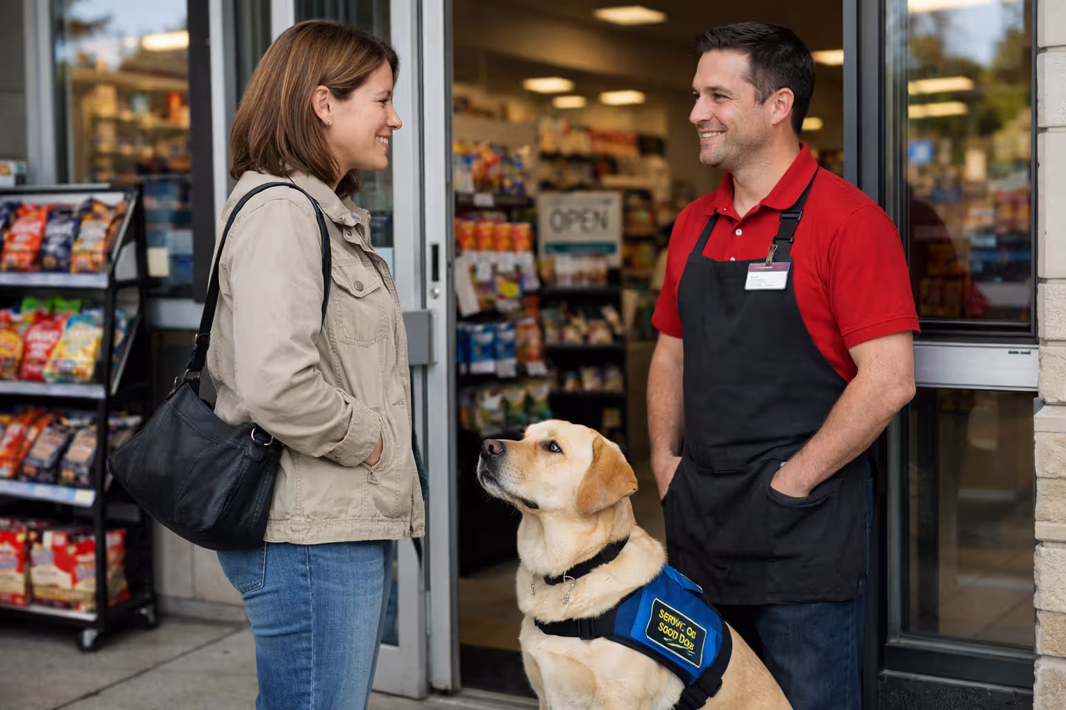 Woman with a service Labrador speaking to a store employee at a retail entrance about access rights