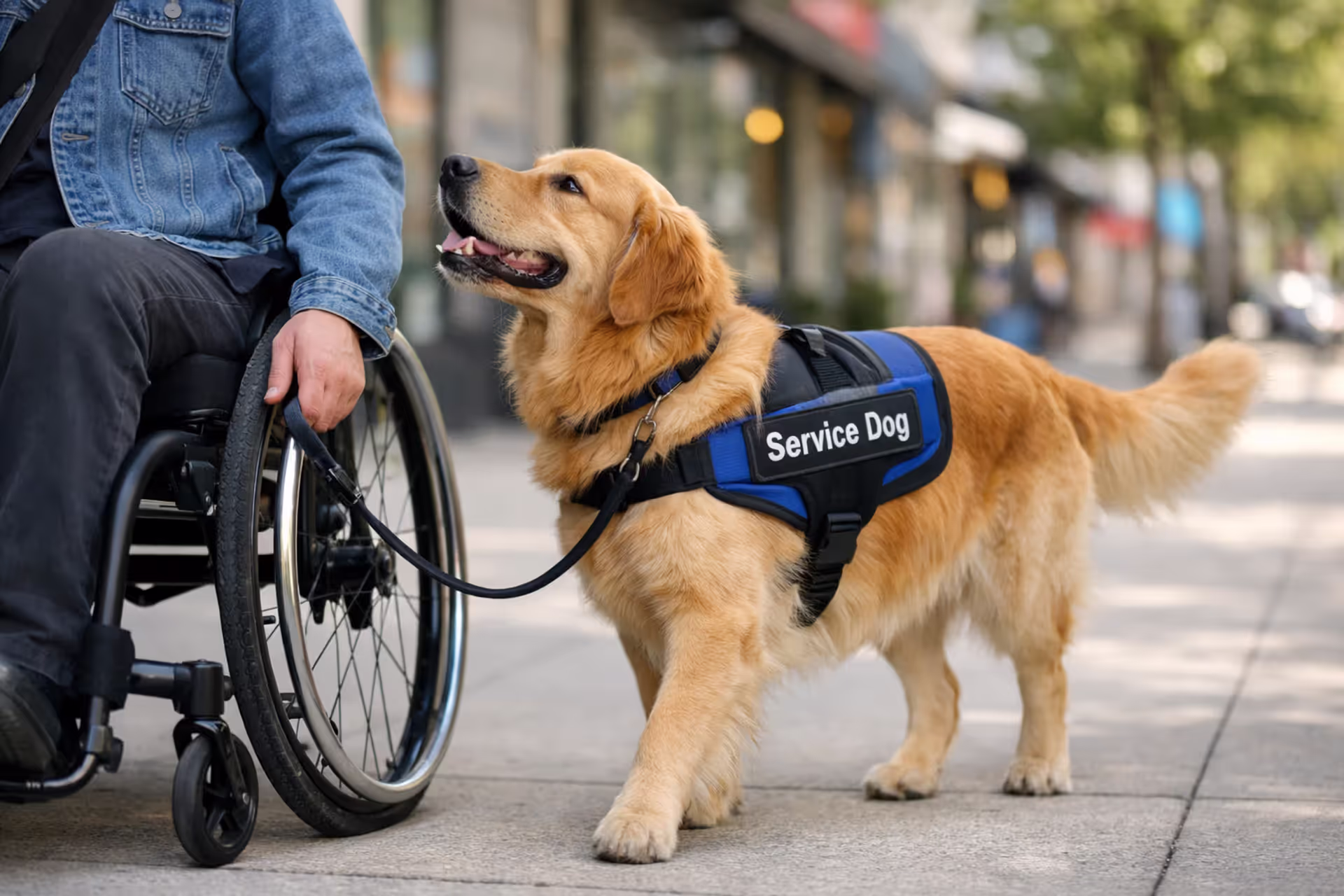 Golden retriever wearing a service dog vest walking beside a person in a wheelchair on a city sidewalk