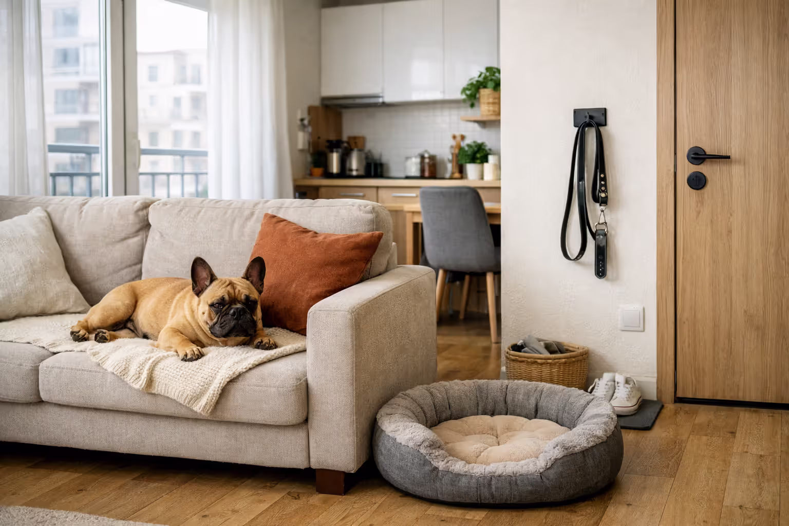 French Bulldog relaxing on a couch in a compact modern apartment with a dog bed and leash hanging by the door