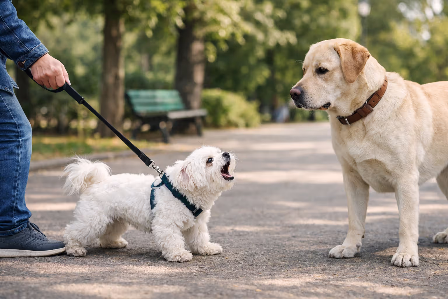 Small white Maltese barking at a calm Labrador on a sidewalk illustrating small dog syndrome behavior