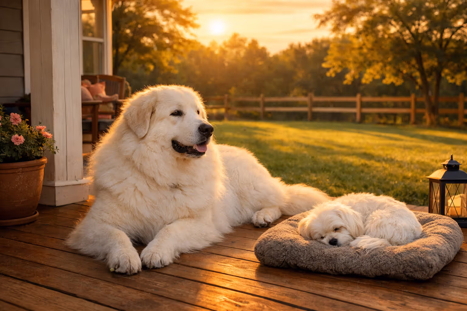 Great Pyrenees and Maltese on a house porch — large and small white dogs in a home setting illustrating different space and lifestyle needs