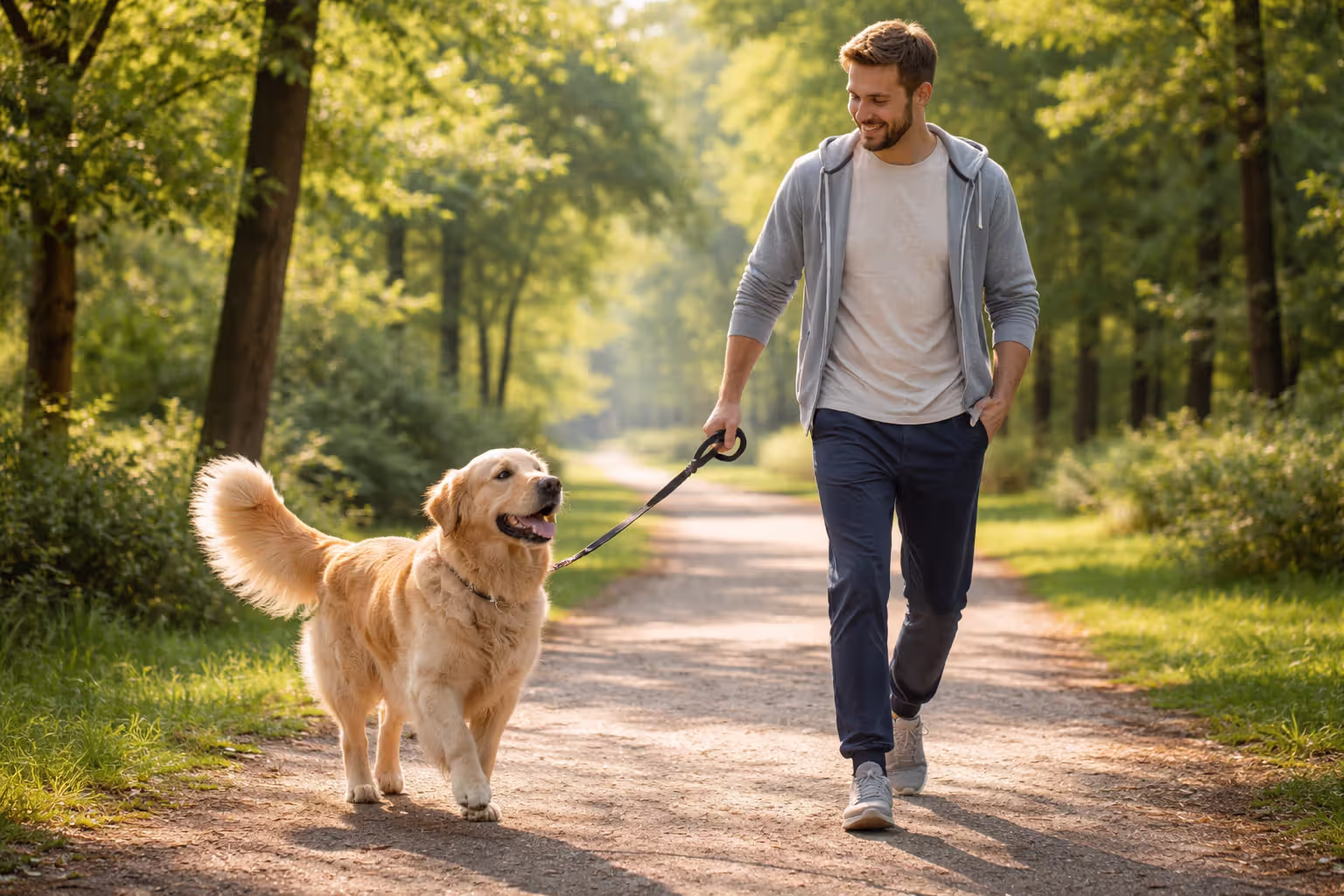 Dog owner walking a happy golden retriever in a park as part of a daily exercise routine to prevent constipation