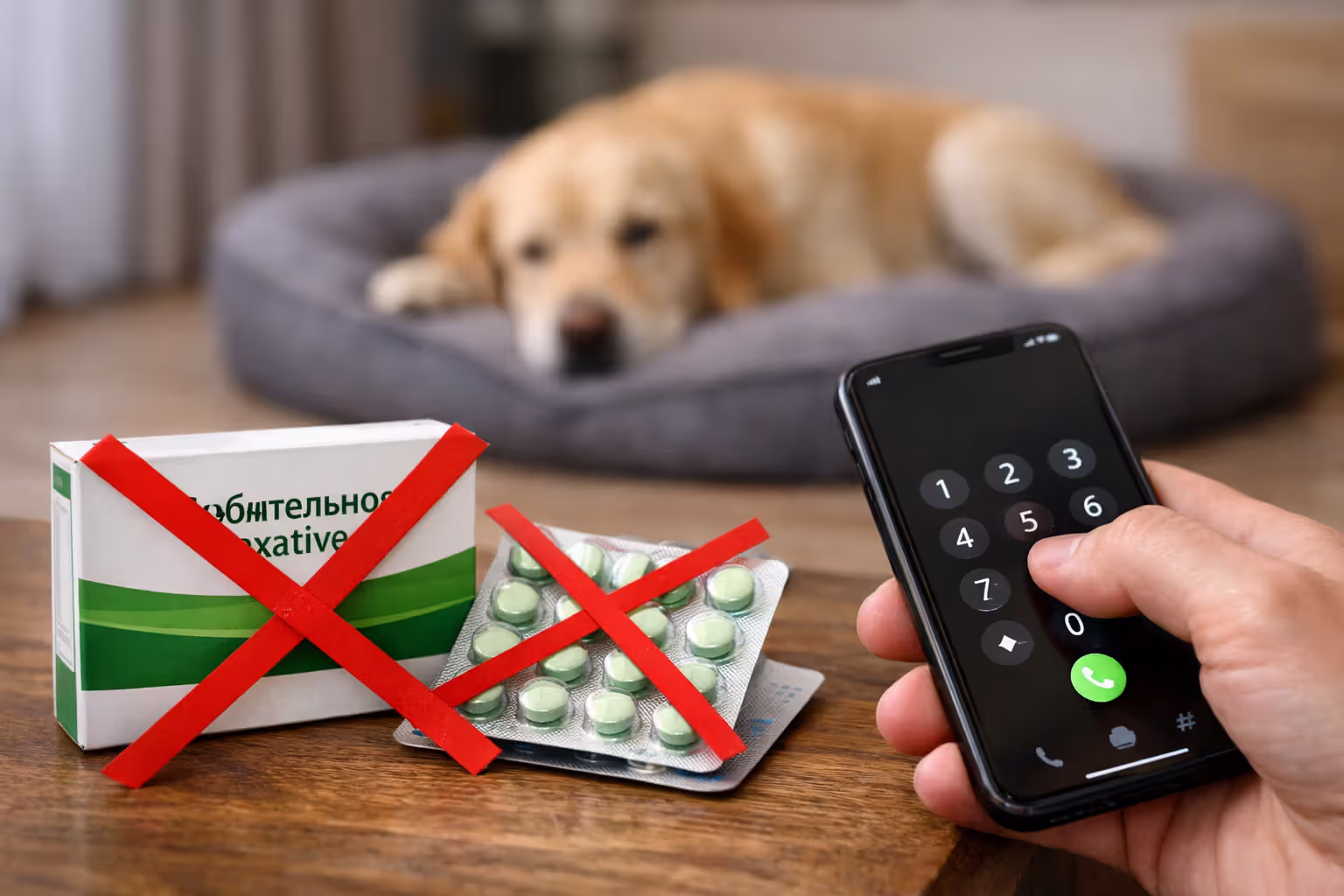Human laxative packages crossed out with owner calling a veterinarian for a constipated dog