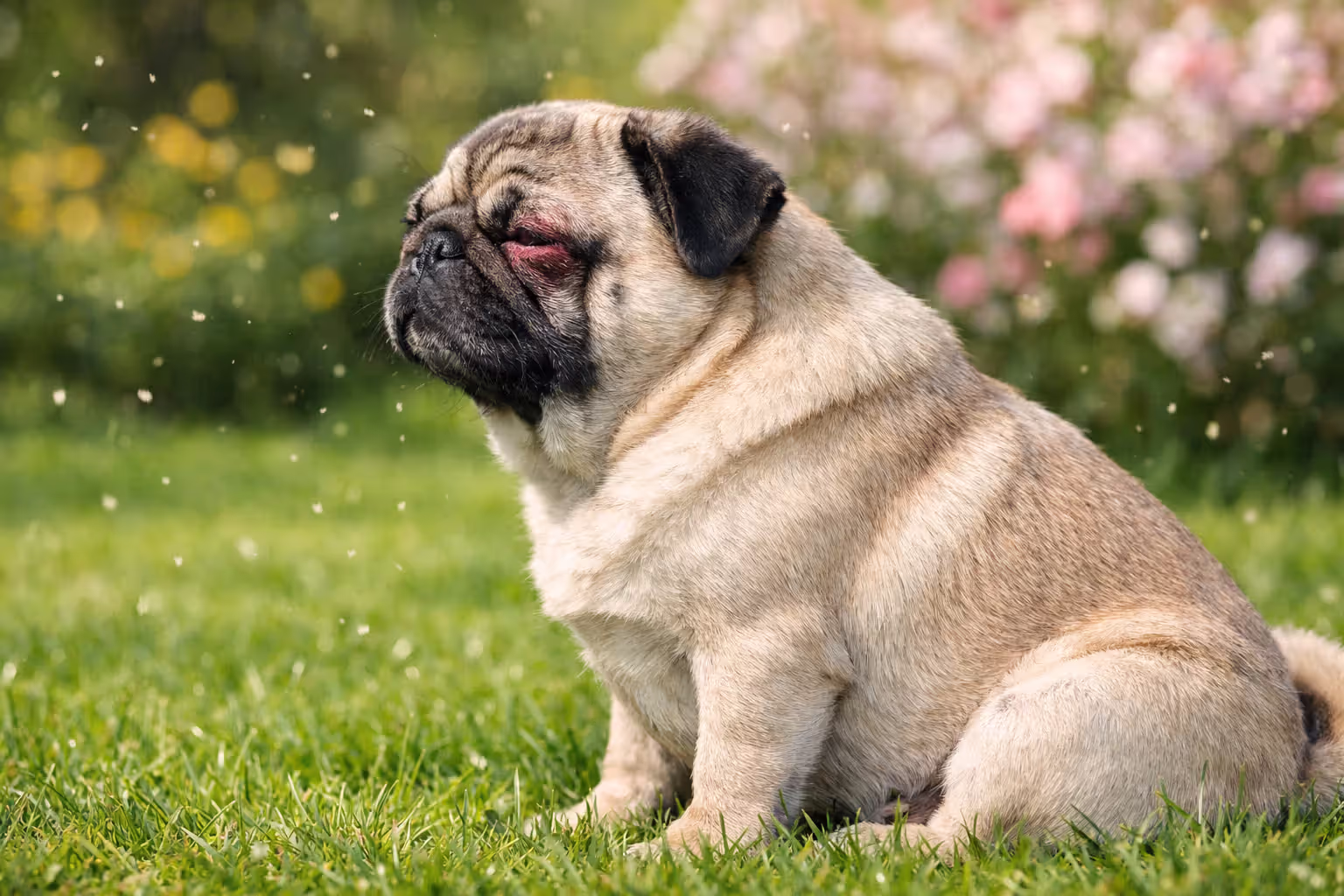 Pug sitting outdoors on a spring day with watery, slightly red eyes showing signs of seasonal allergies