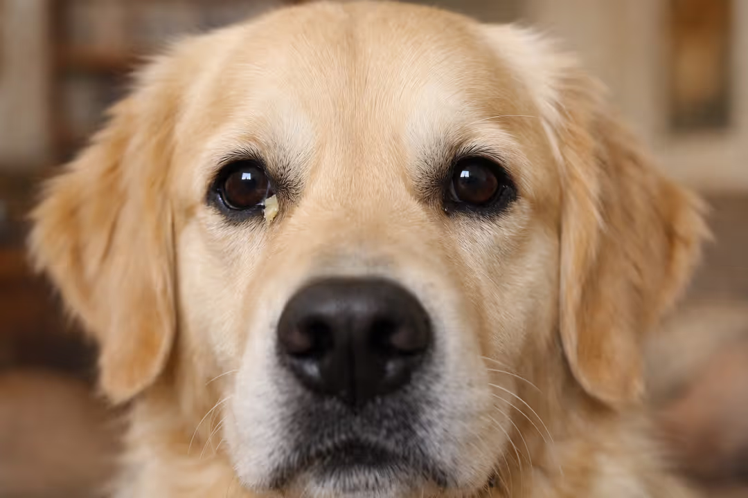 Close-up of a golden retriever’s face with visible yellowish eye discharge in the inner corner of one eye