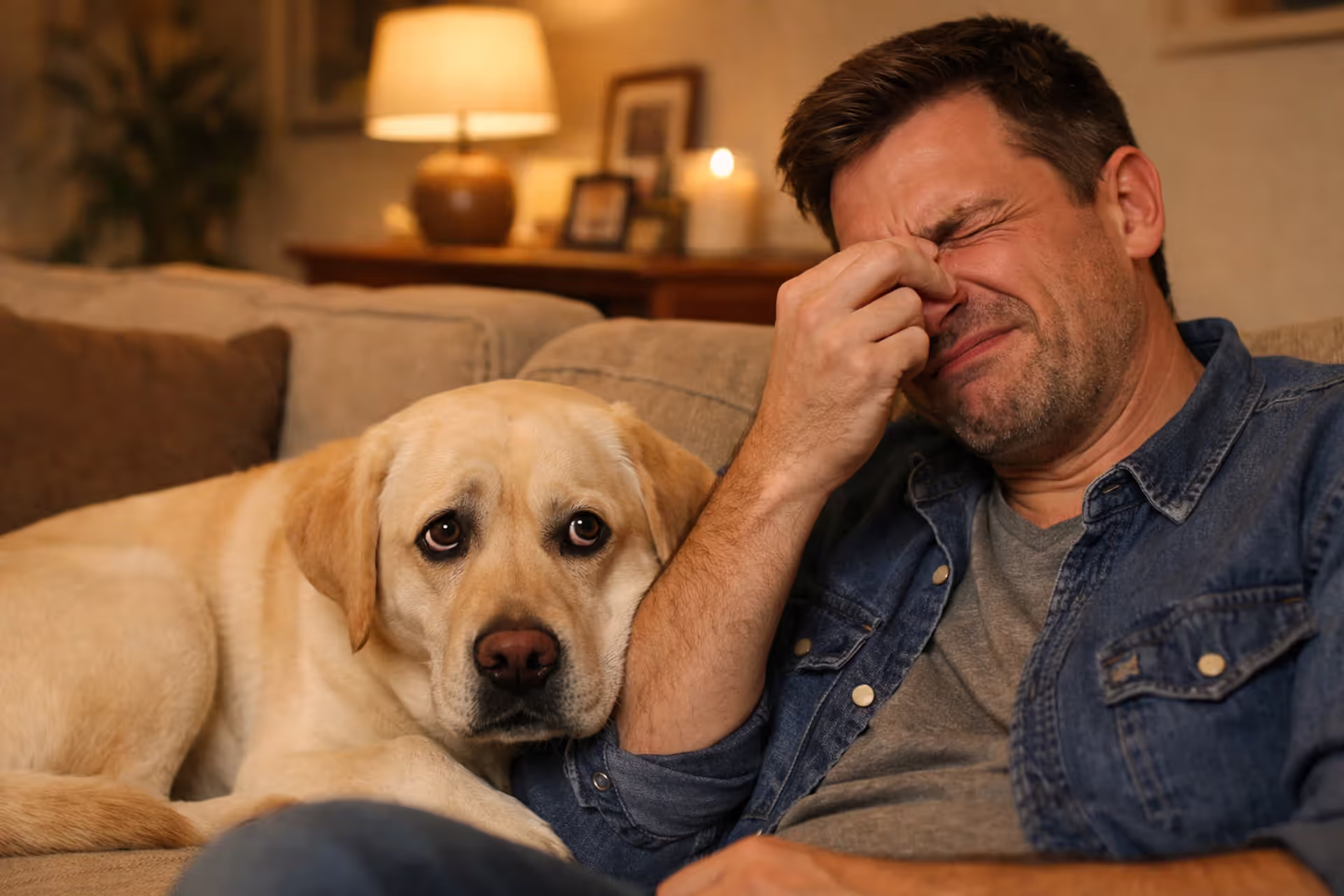 Dog lying on couch next to owner pinching nose because of bad smell from dog gas