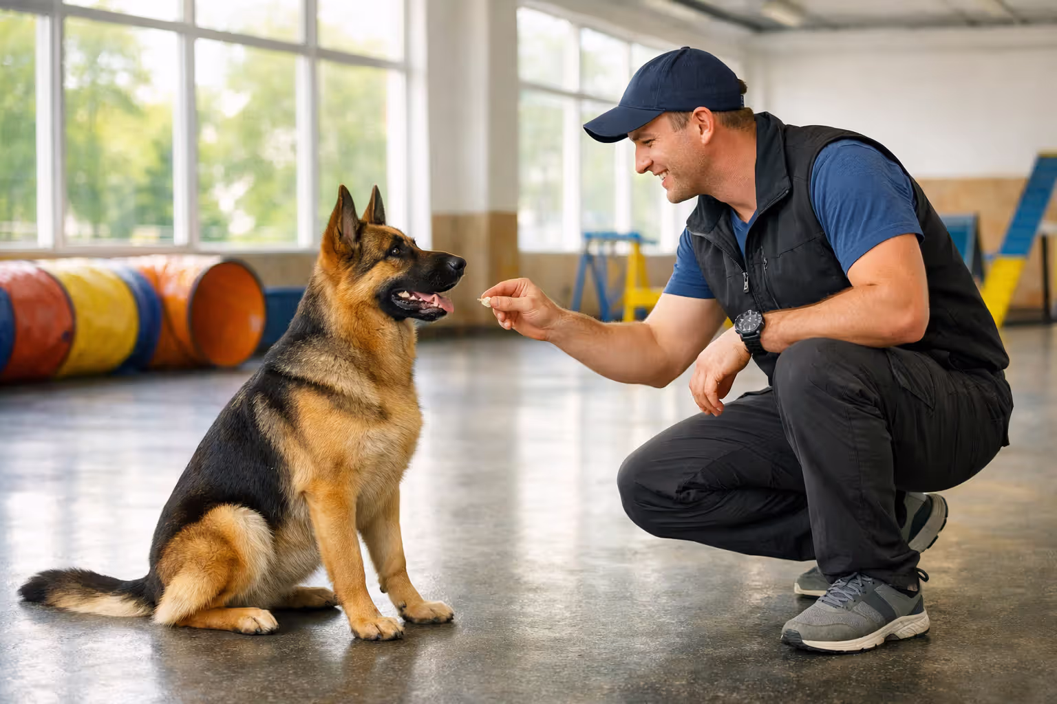 Dog trainer working with a calm dog using positive reinforcement techniques