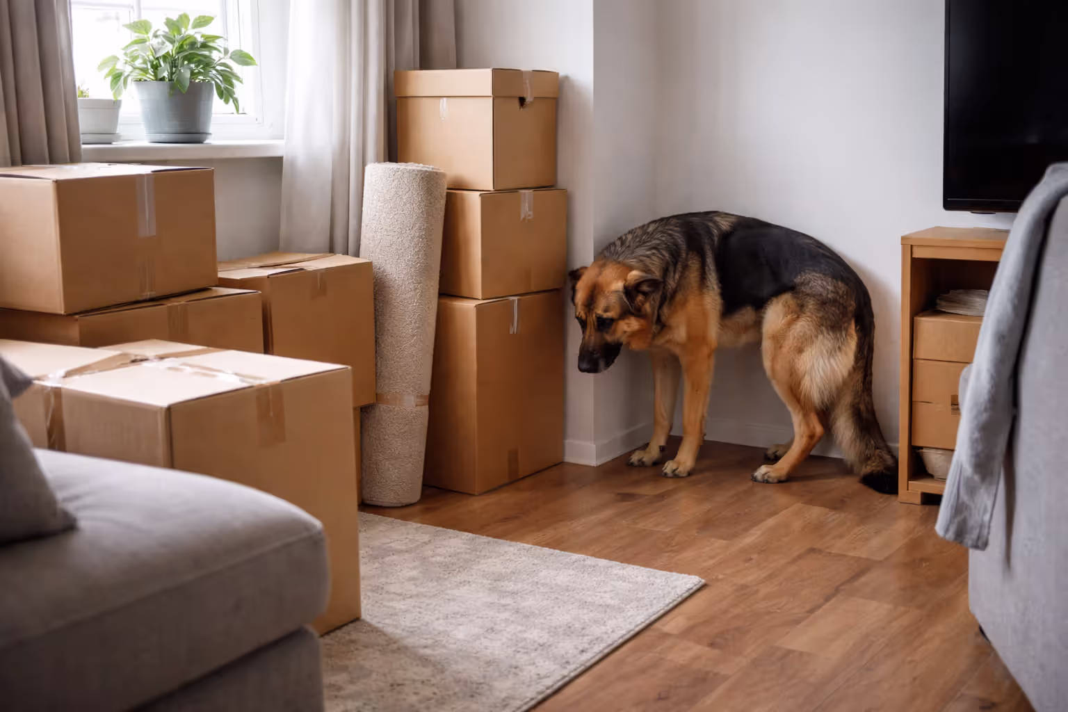 Dog showing signs of stress during home move with cardboard boxes in background