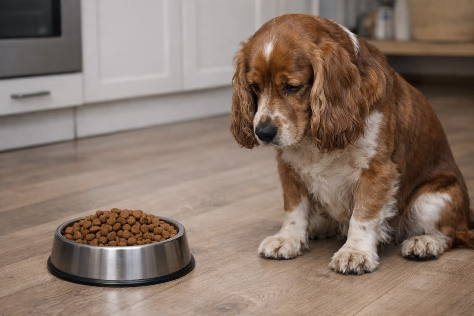 Spaniel showing signs of nausea sitting next to untouched food bowl