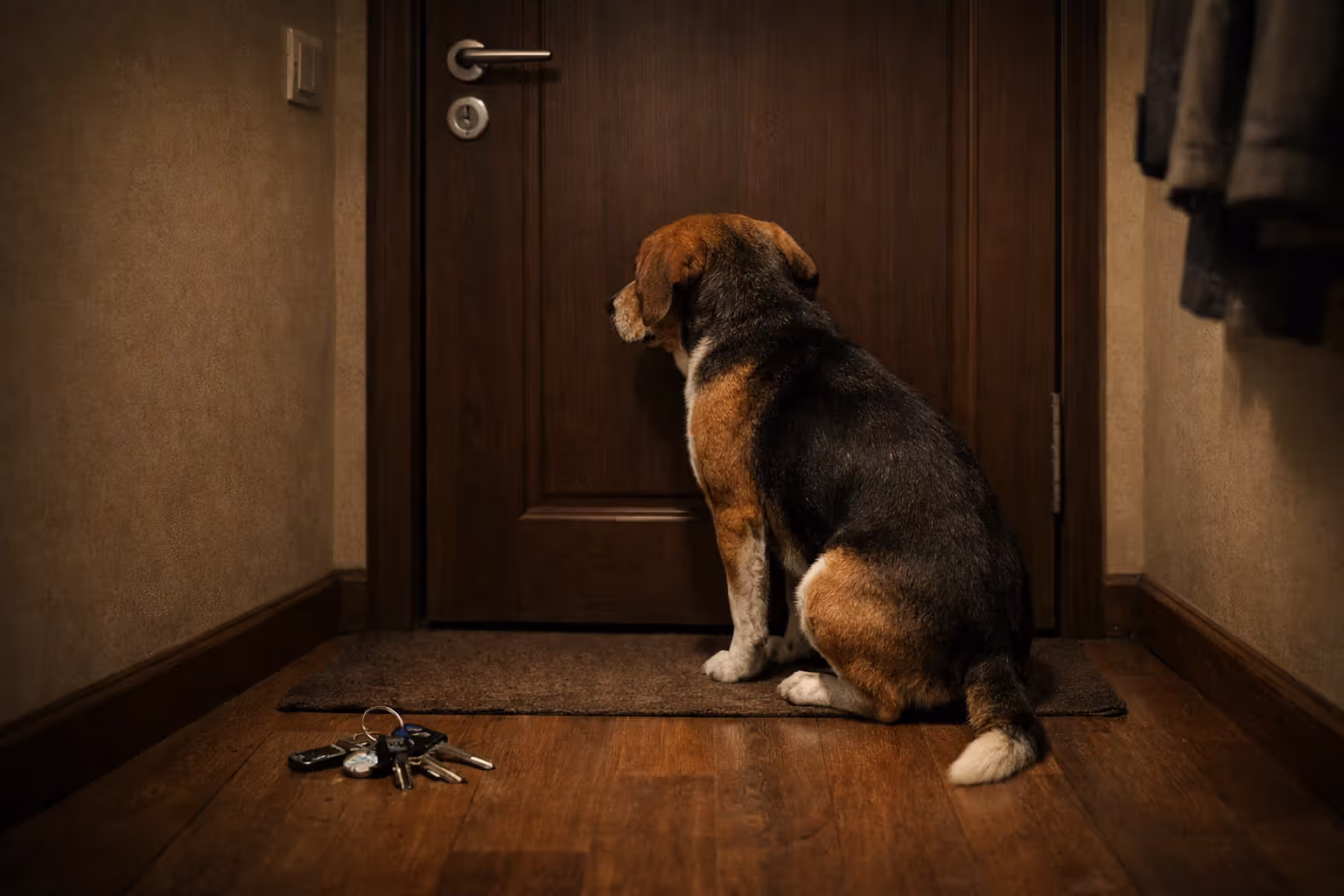 Anxious dog standing at closed door after owner leaves home