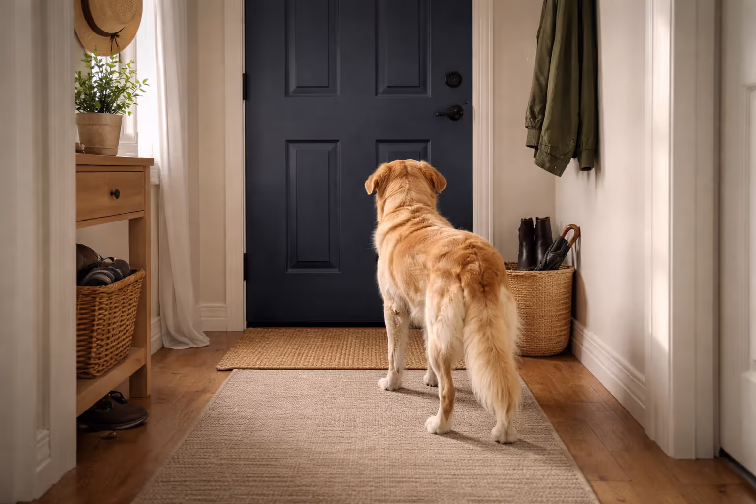 Dog standing at front door waiting to go outside