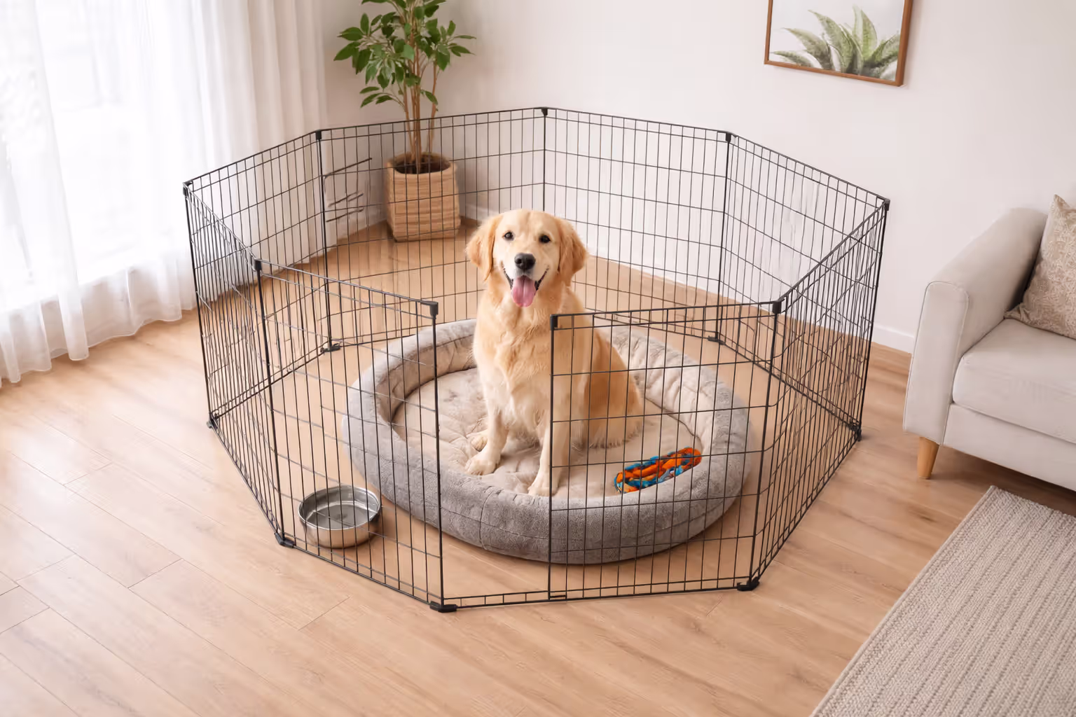 Dog resting comfortably inside an exercise pen with bedding and toys