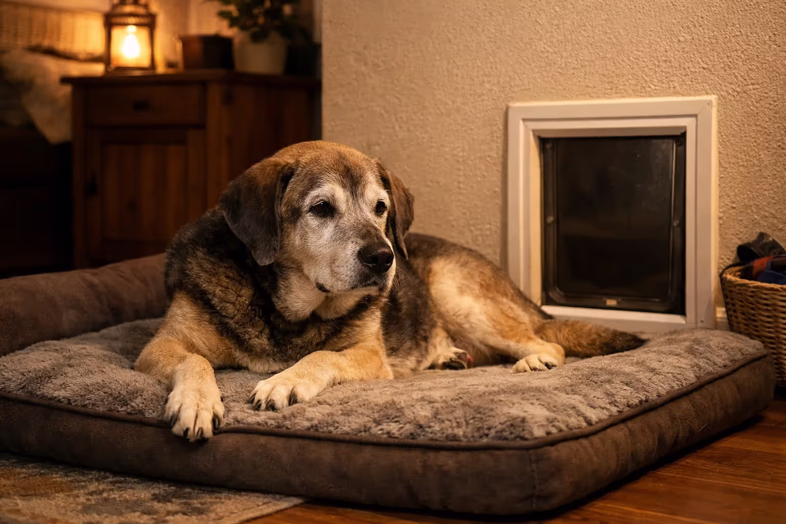 Senior dog lying near a doggy door installed in a home wall