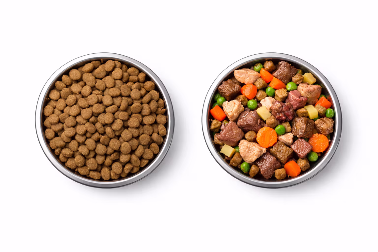 Comparison of low-quality and premium dog food in two bowls