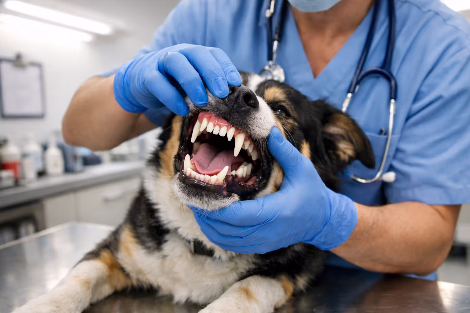 Veterinarian examining dog’s teeth during a clinic checkup