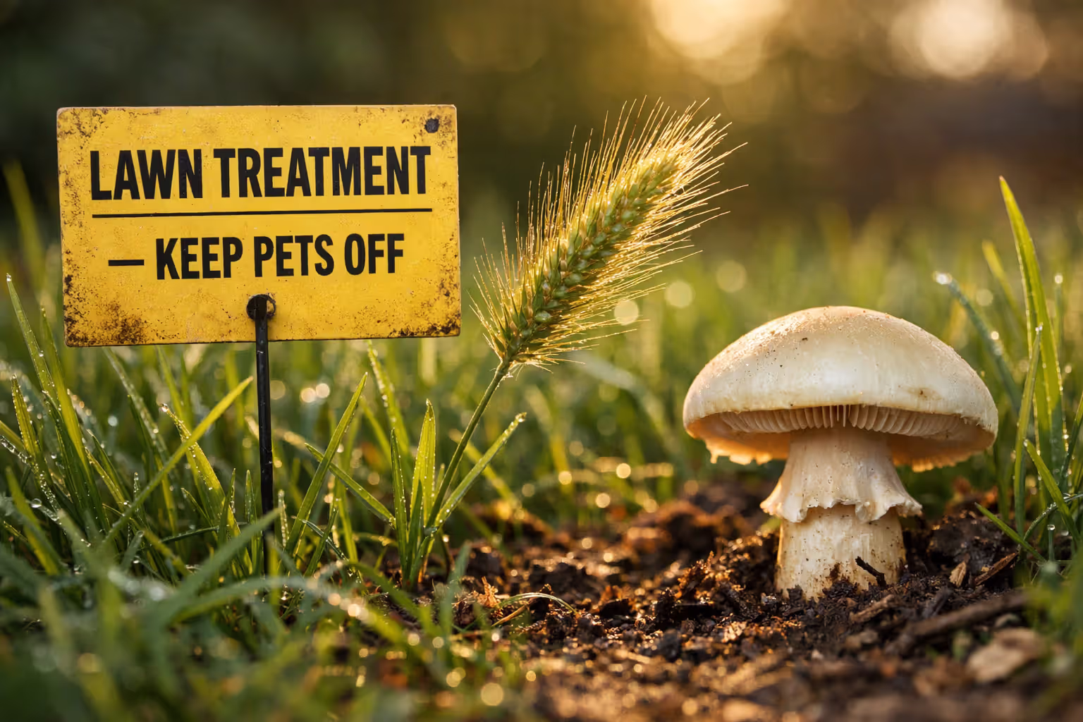 Lawn warning sign next to foxtail plant and toxic mushroom on grass — hazards for dogs