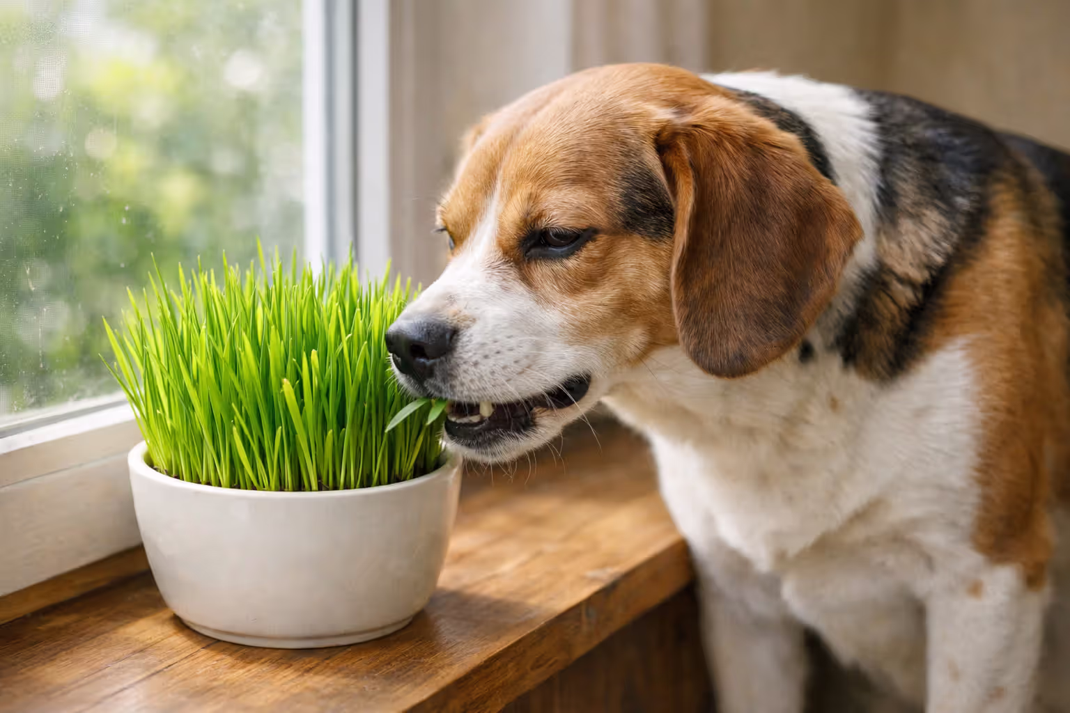 Dog eating chemical-free wheatgrass grown indoors in a pot on a windowsill