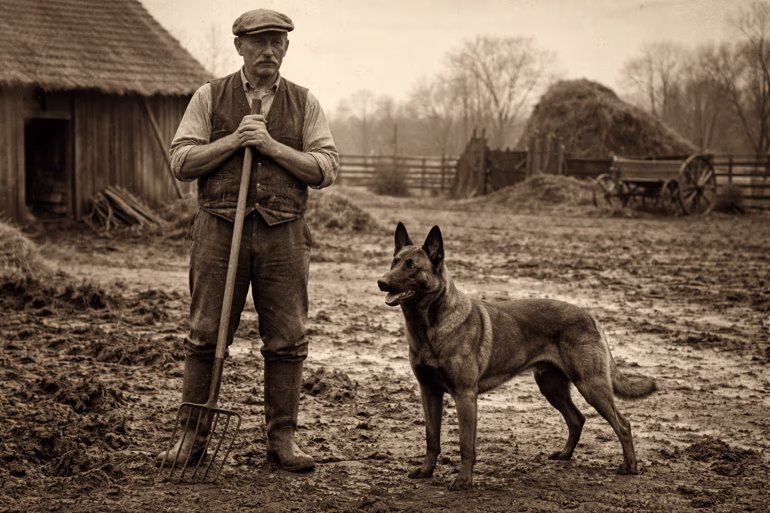 Historical Belgian Malinois working dog with farmer, early 1900s