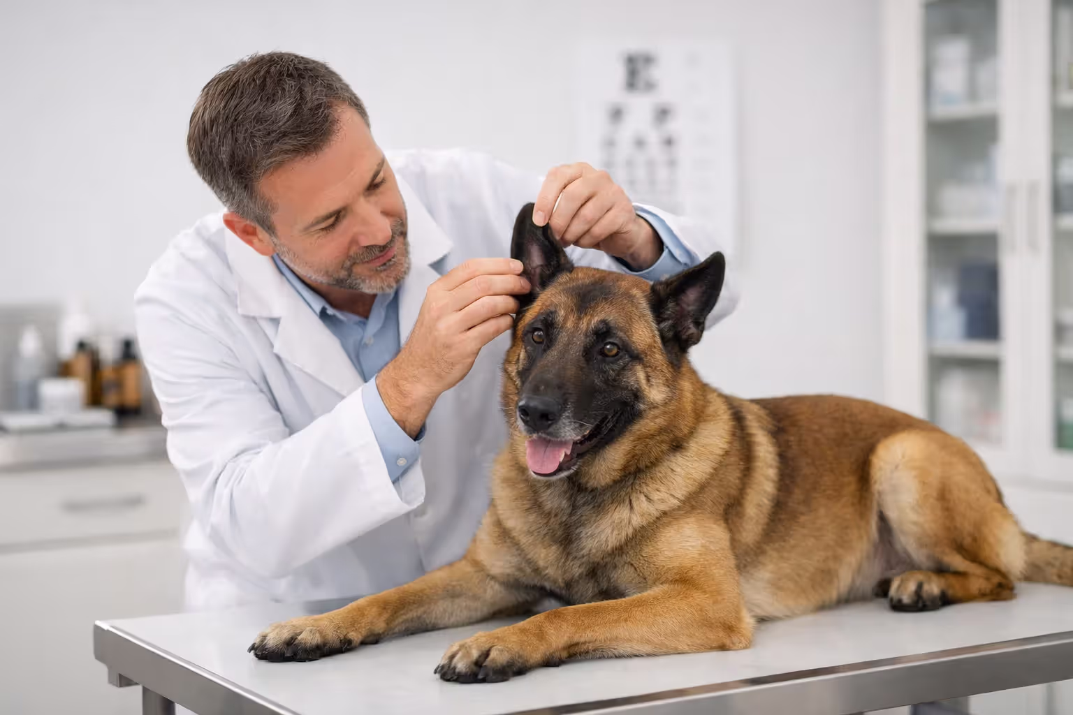 Veterinarian examining Belgian Malinois during routine health checkup