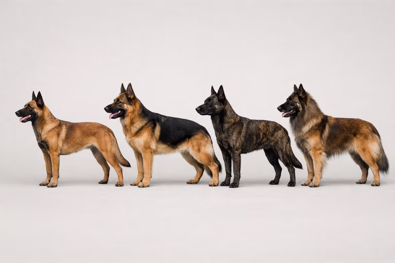 Side-by-side comparison of Belgian Malinois, German Shepherd, Dutch Shepherd, and Belgian Tervuren