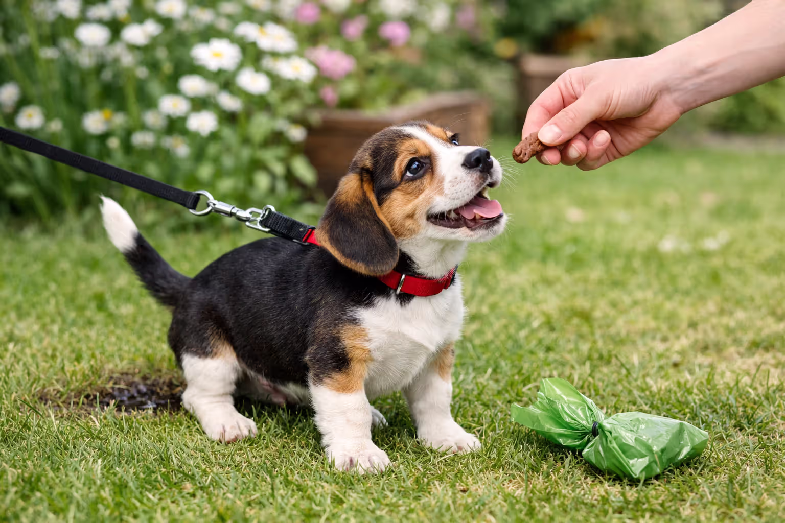 Puppy being redirected with toy after eliminating outdoors