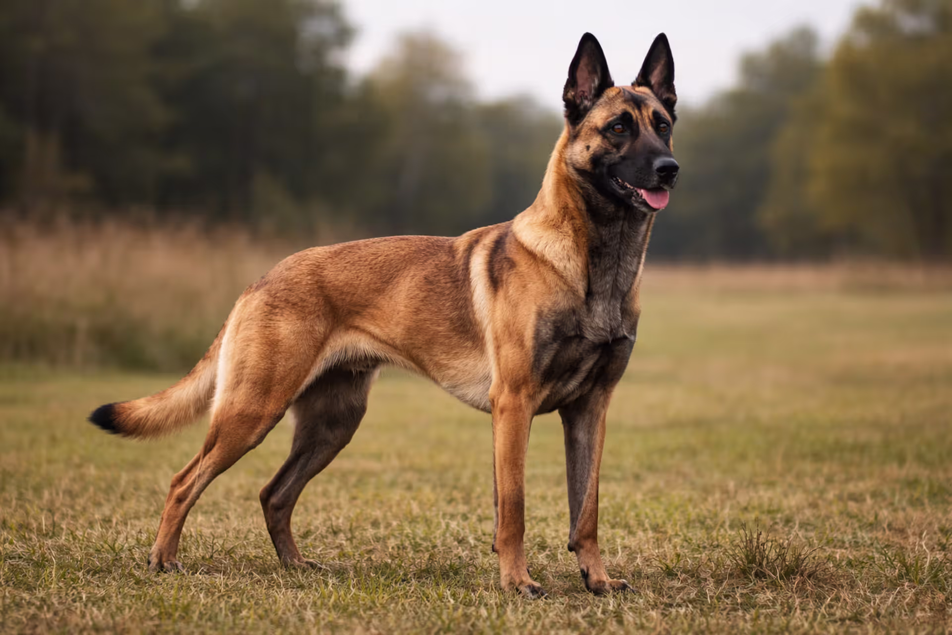 Belgian Malinois standing alert in an open field
