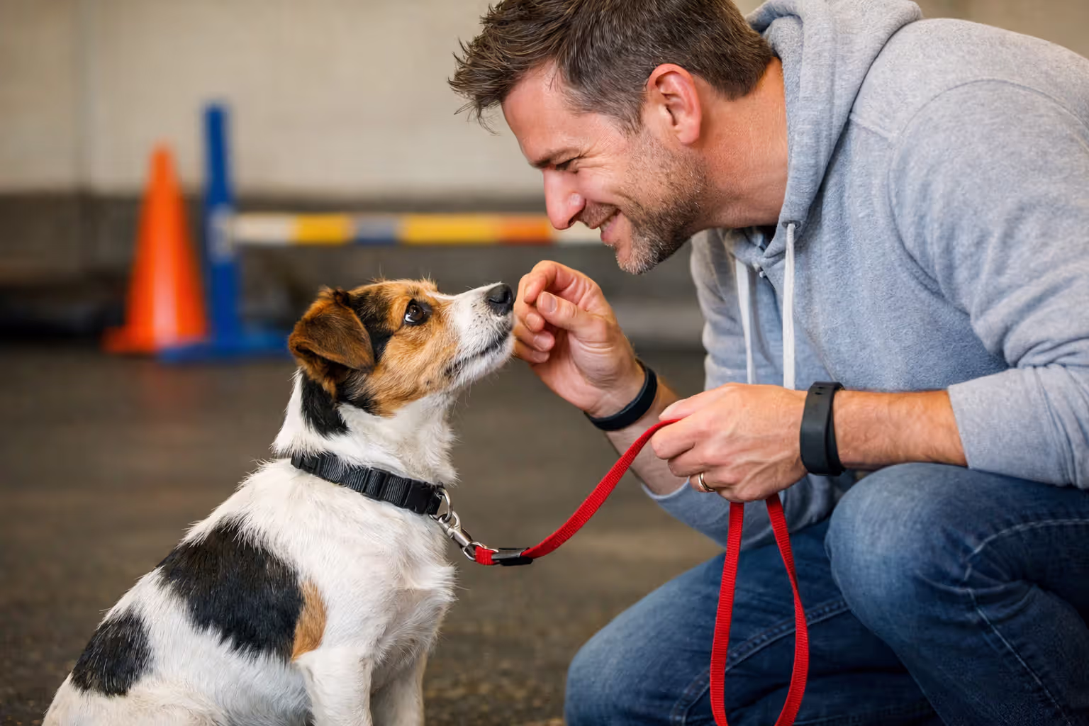 Dog trainer rewarding dog with treat during impulse control training session