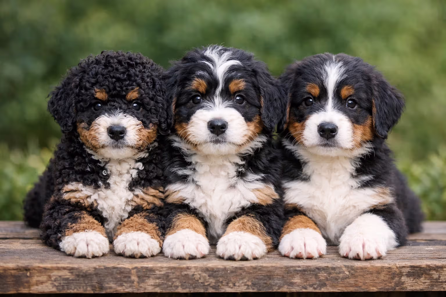 Three Bernedoodle puppies with different coat types side by side
