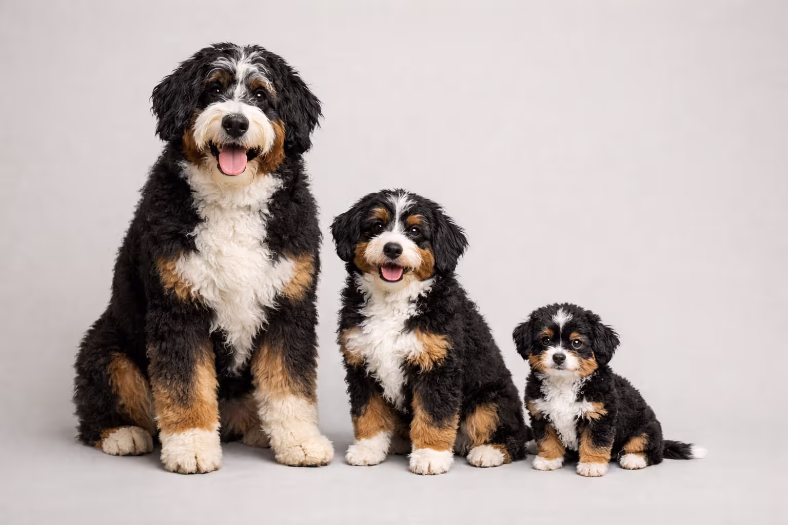 Size comparison of Standard, Mini and Toy Bernedoodle dogs