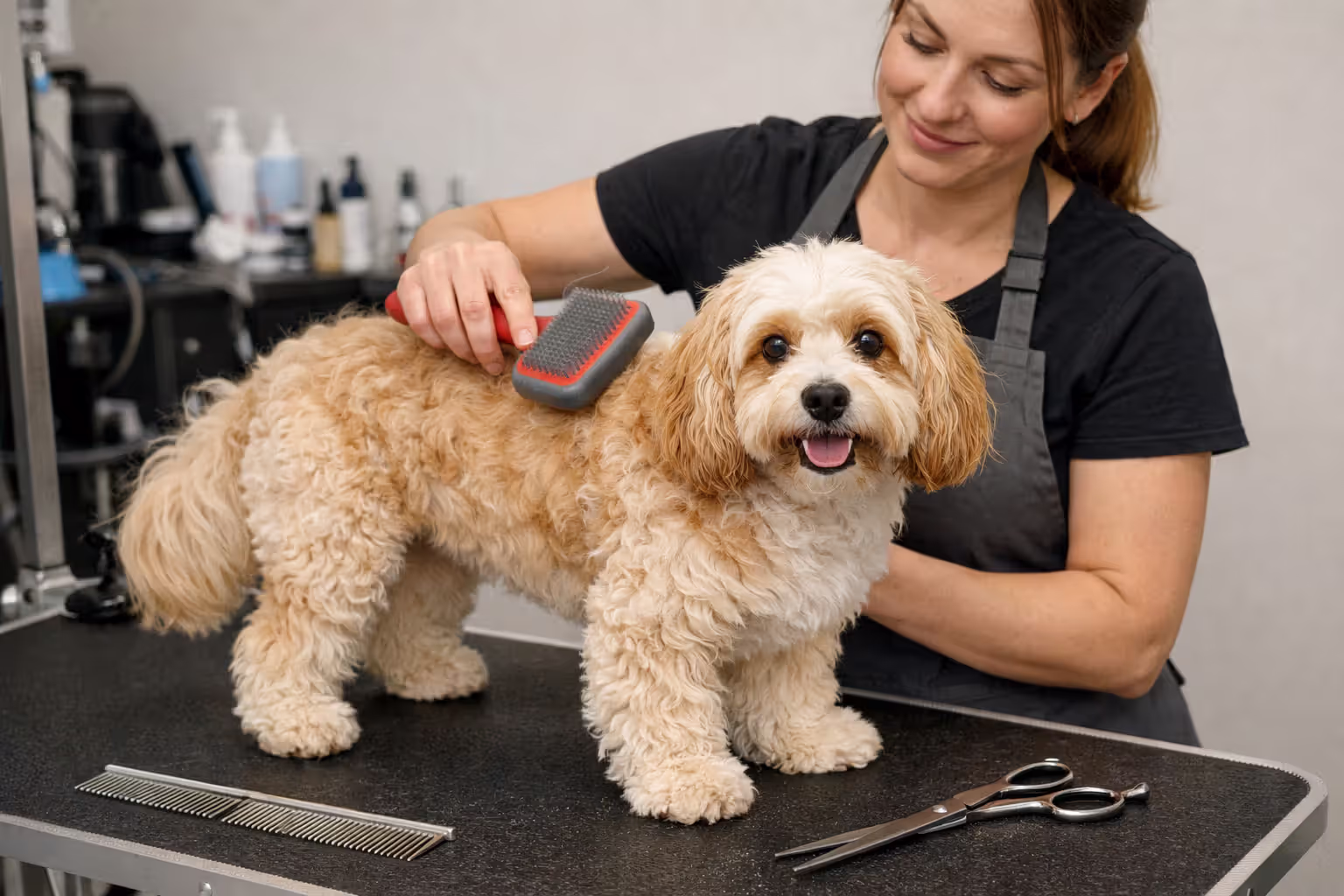 Professional groomer brushing a Cavapoo with slicker brush on grooming table