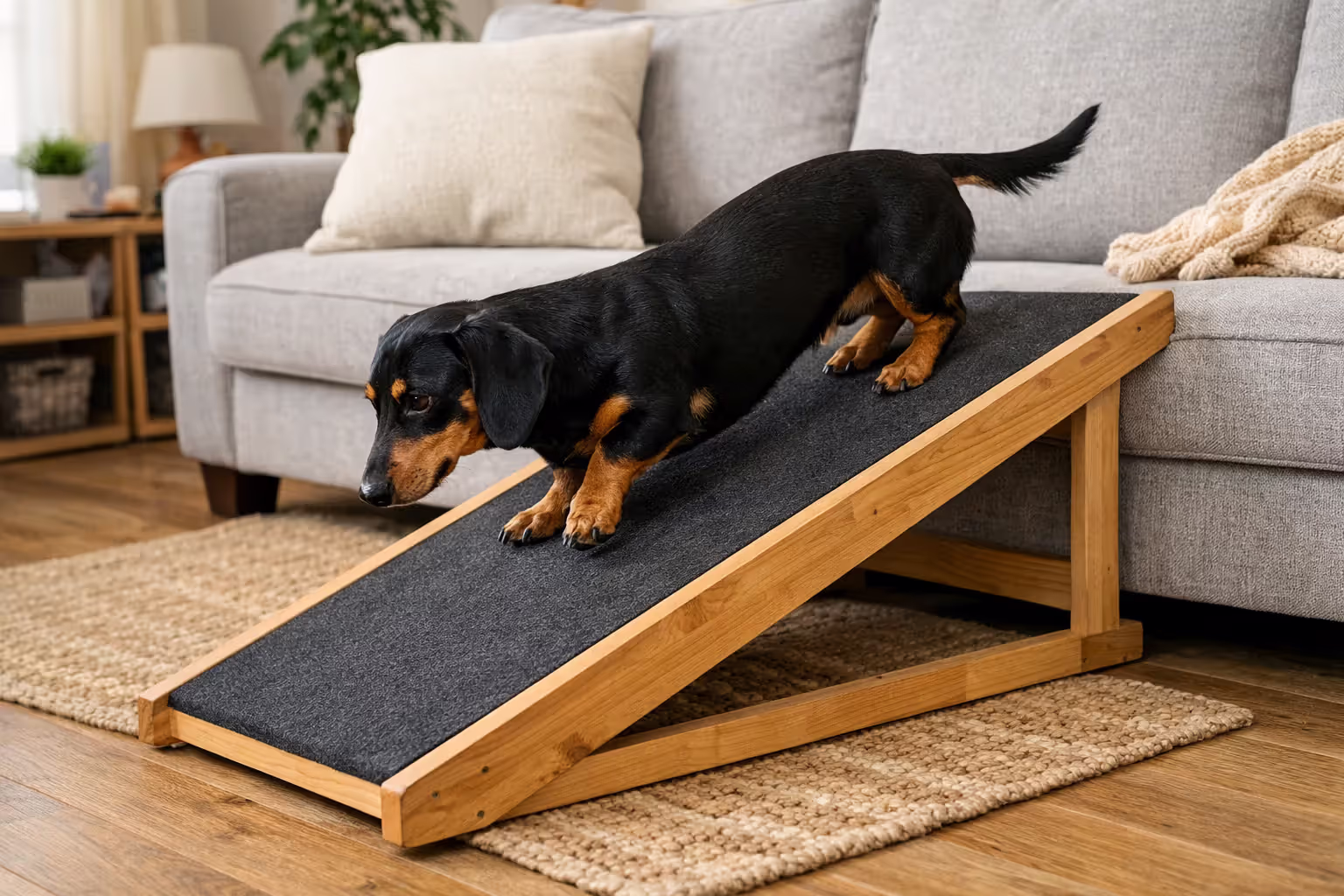 Dachshund using a ramp to safely get off the sofa