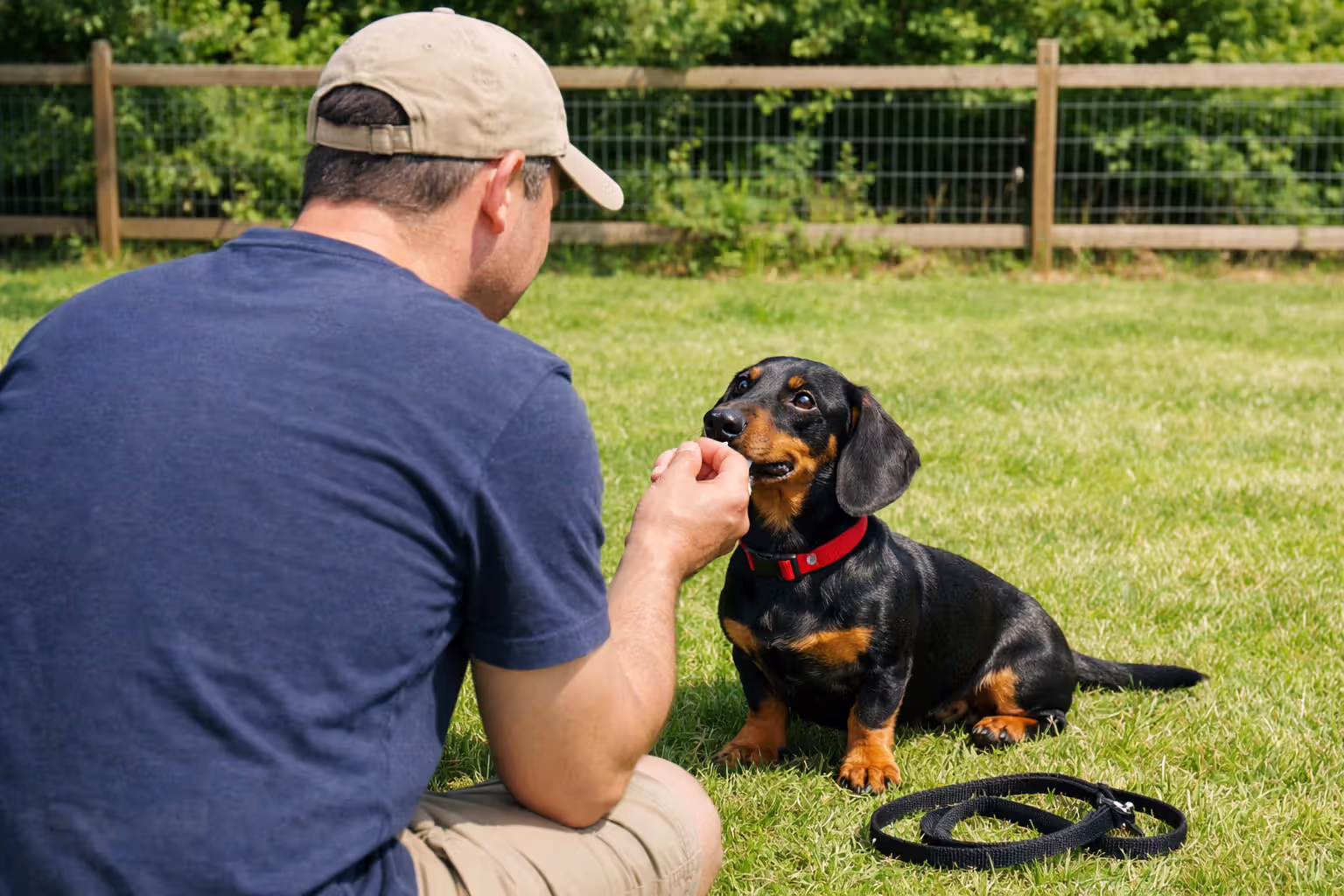 Owner rewarding a dachshund with a treat during training session in a fenced yard