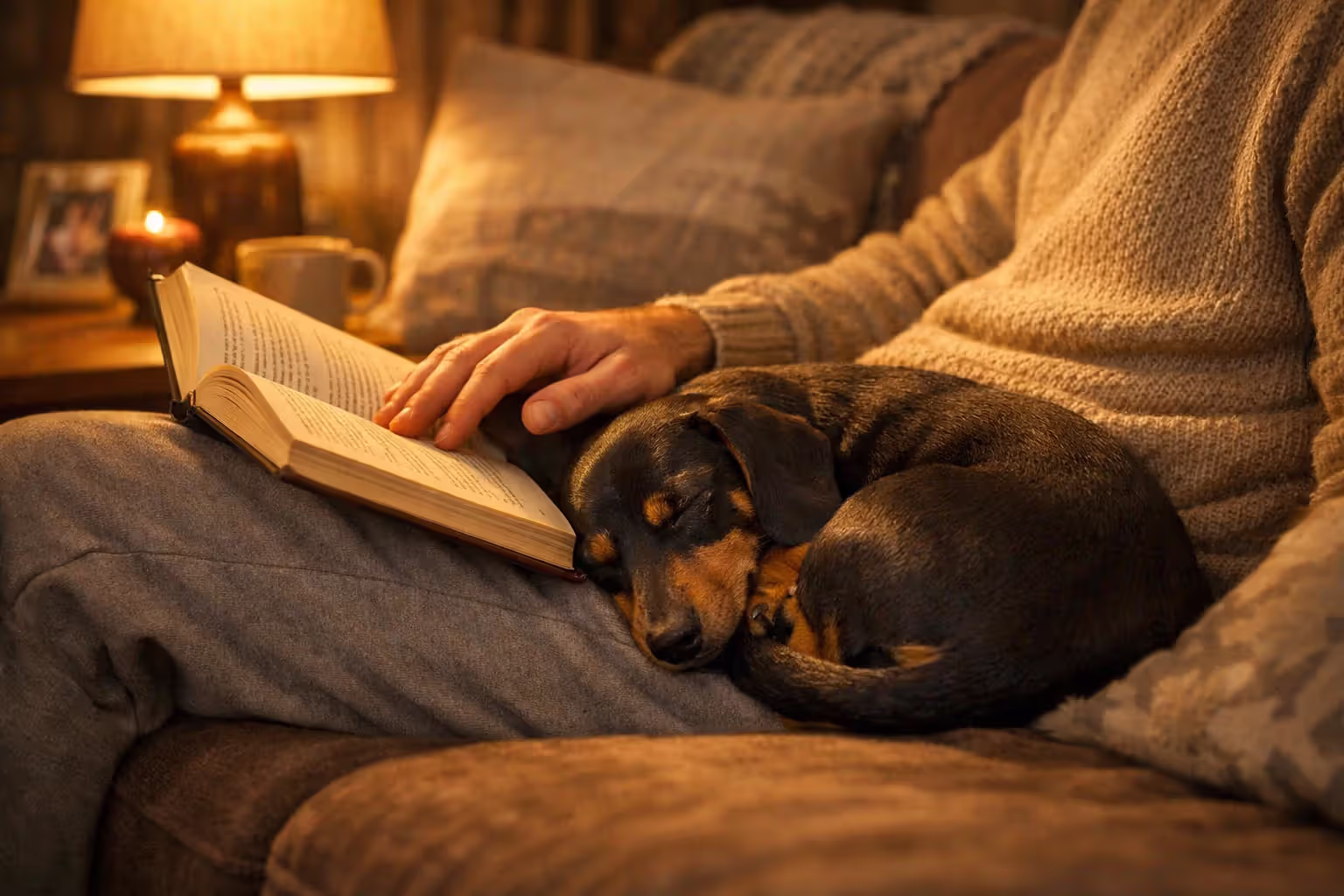 Dachshund resting beside its owner on a couch in a cozy home setting