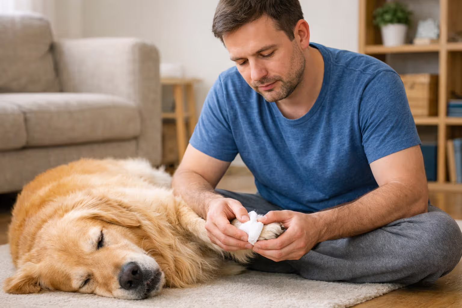 Person applying steady pressure with gauze to a dog’s paw to stop nail bleeding