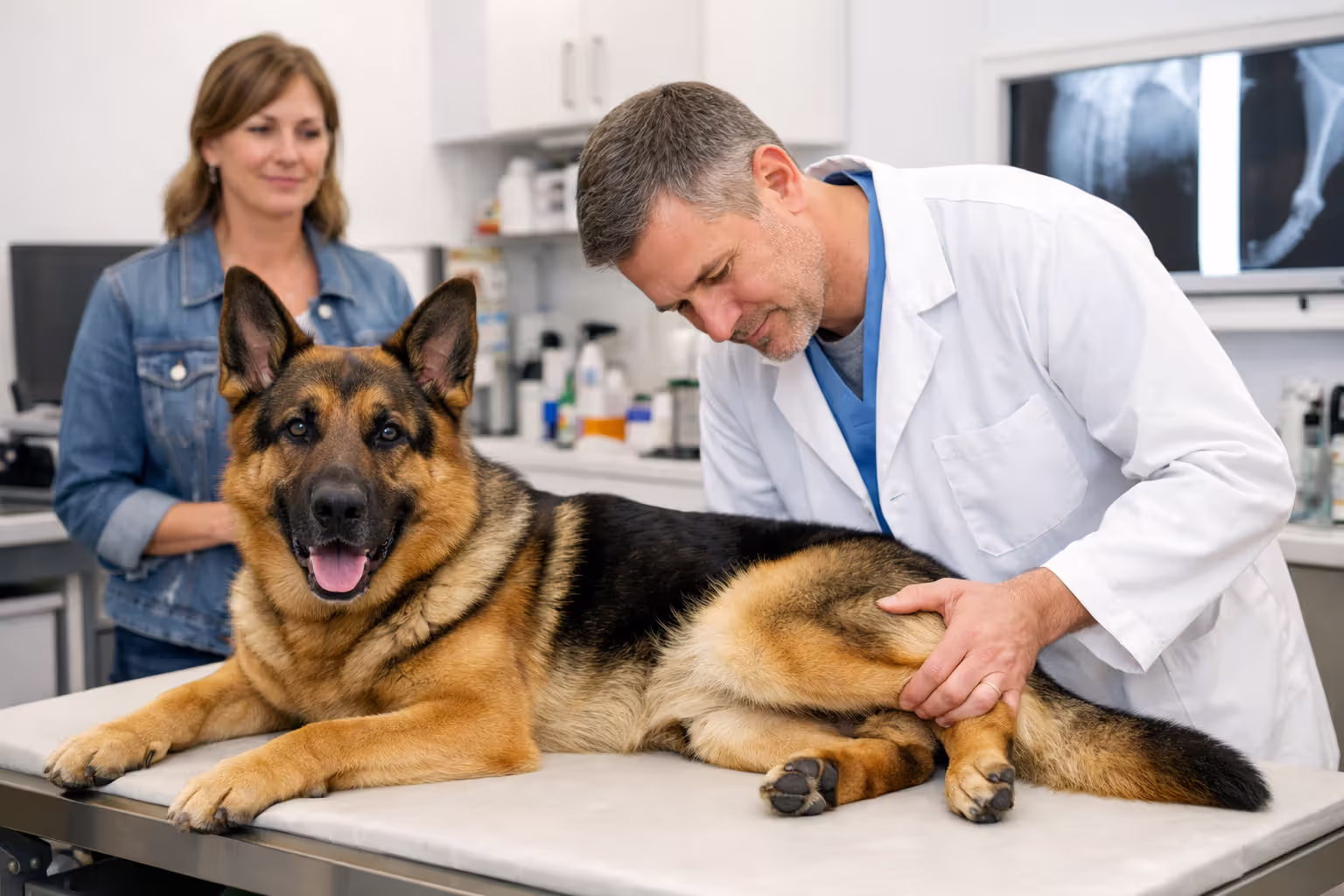 German Shepherd being examined by a veterinarian, hip area inspection in a clinic