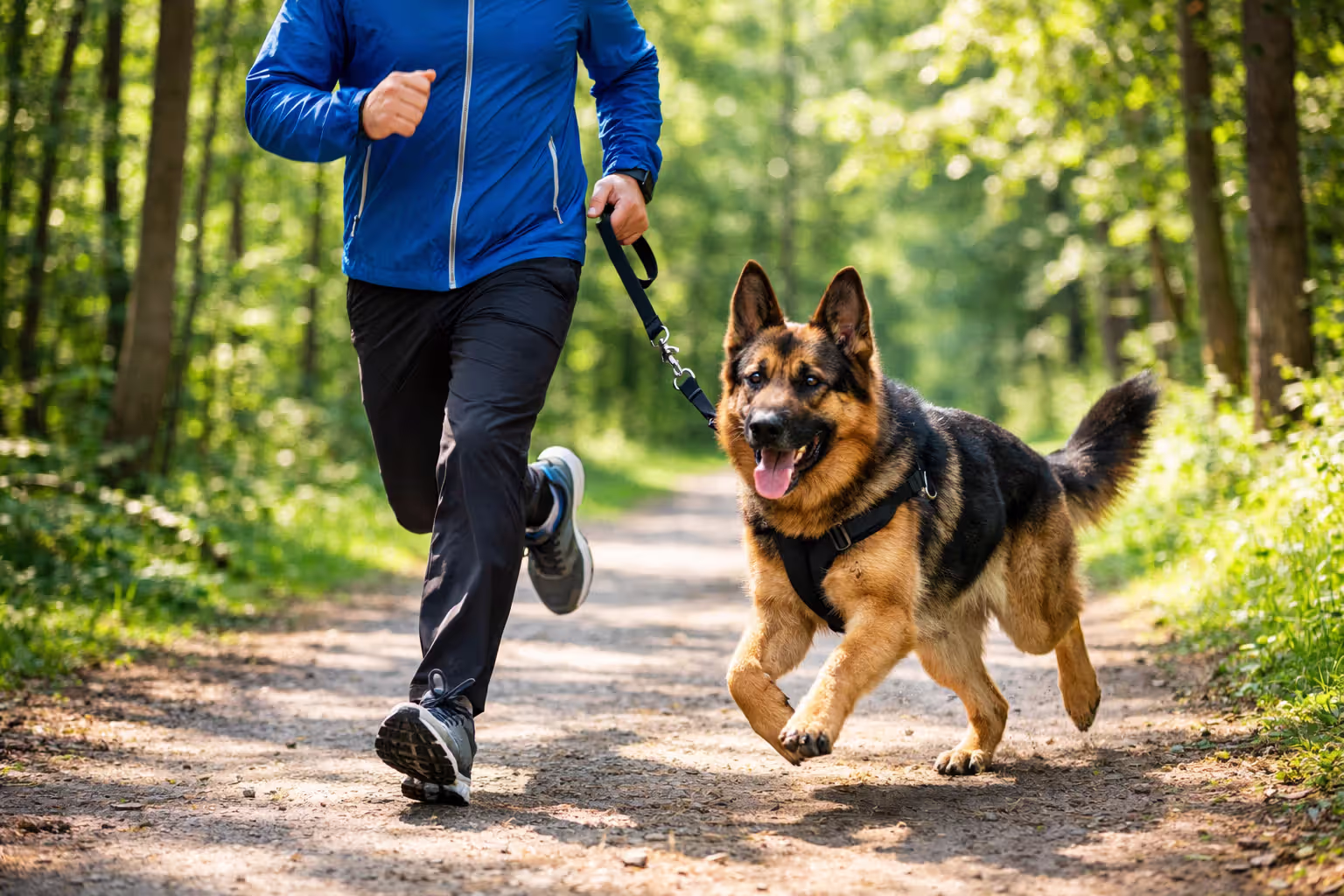 German Shepherd running alongside an owner on a trail, active lifestyle, leash on