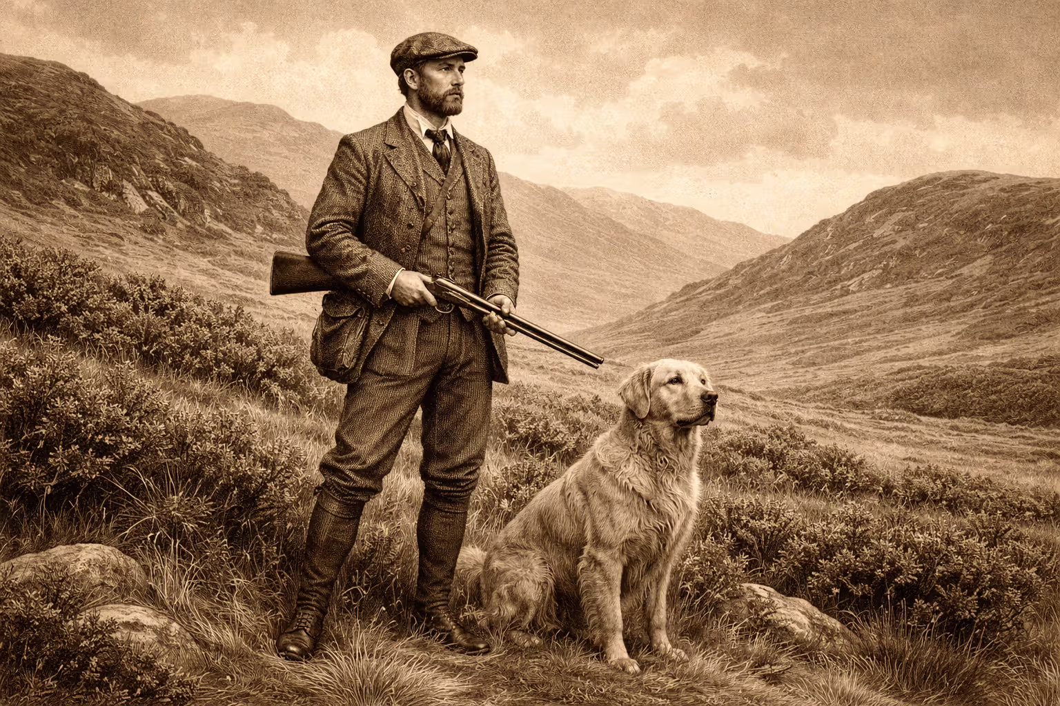 Victorian-era hunter with a yellow retriever on Scottish Highlands