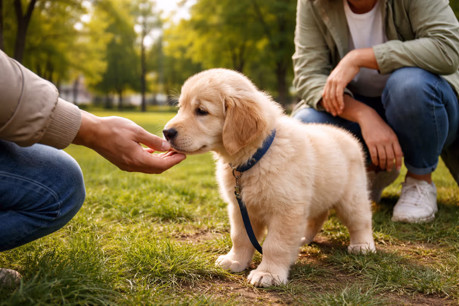 Golden retriever puppy sniffing a person’s hand during socialization in a park
