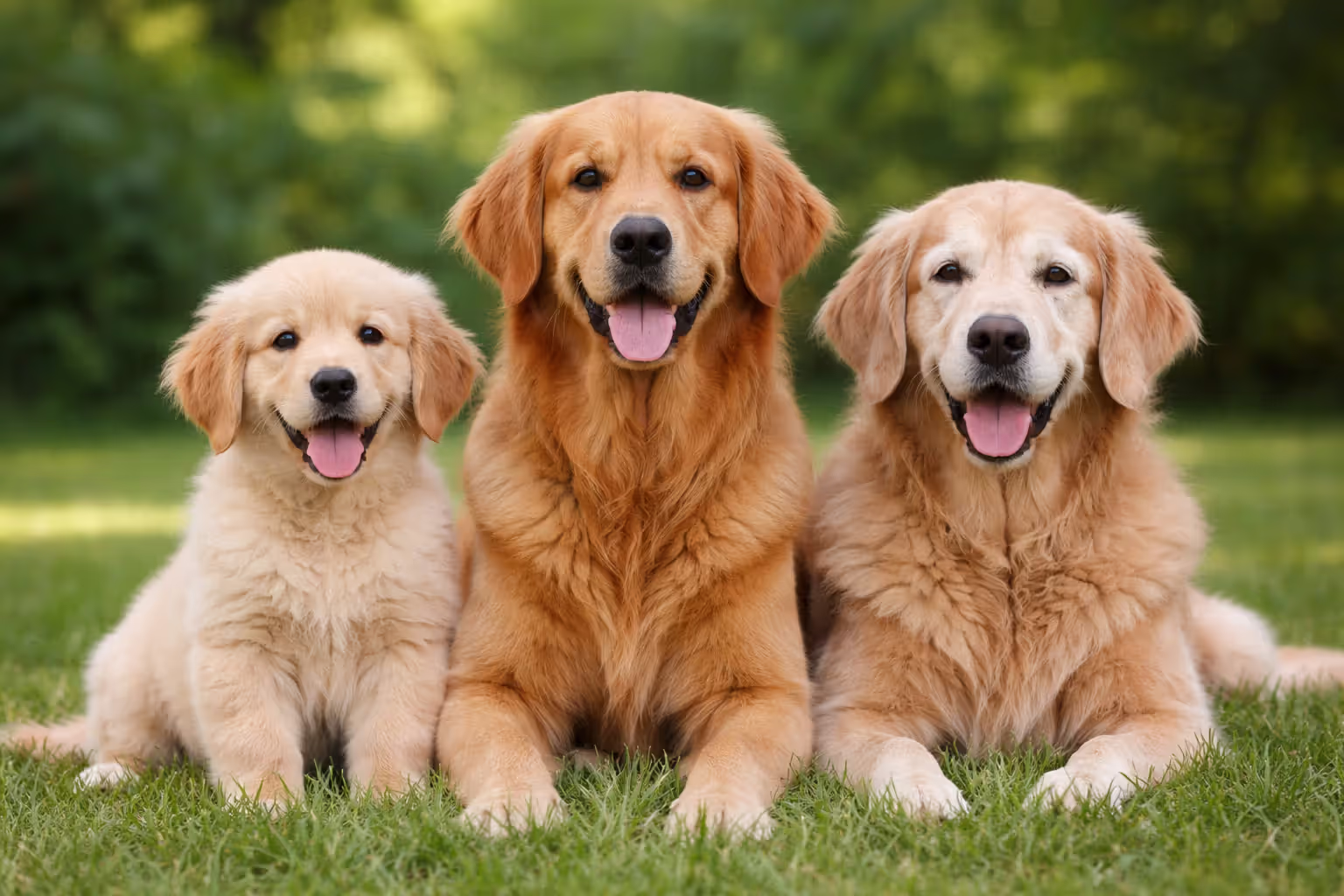Three golden retrievers of different ages — puppy, adult, and senior — sitting on grass