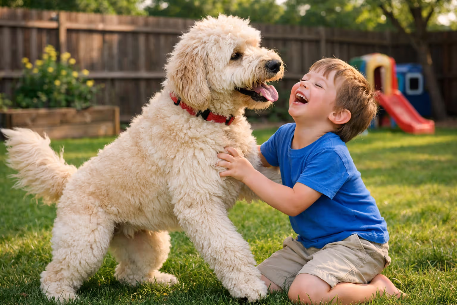 Goldendoodle playing with a young child in a backyard