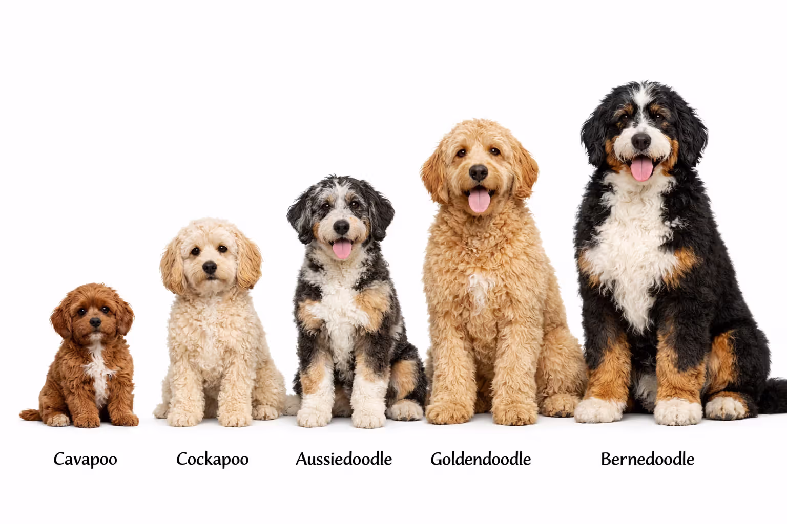 Side-by-side comparison of different doodle breeds showing size differences