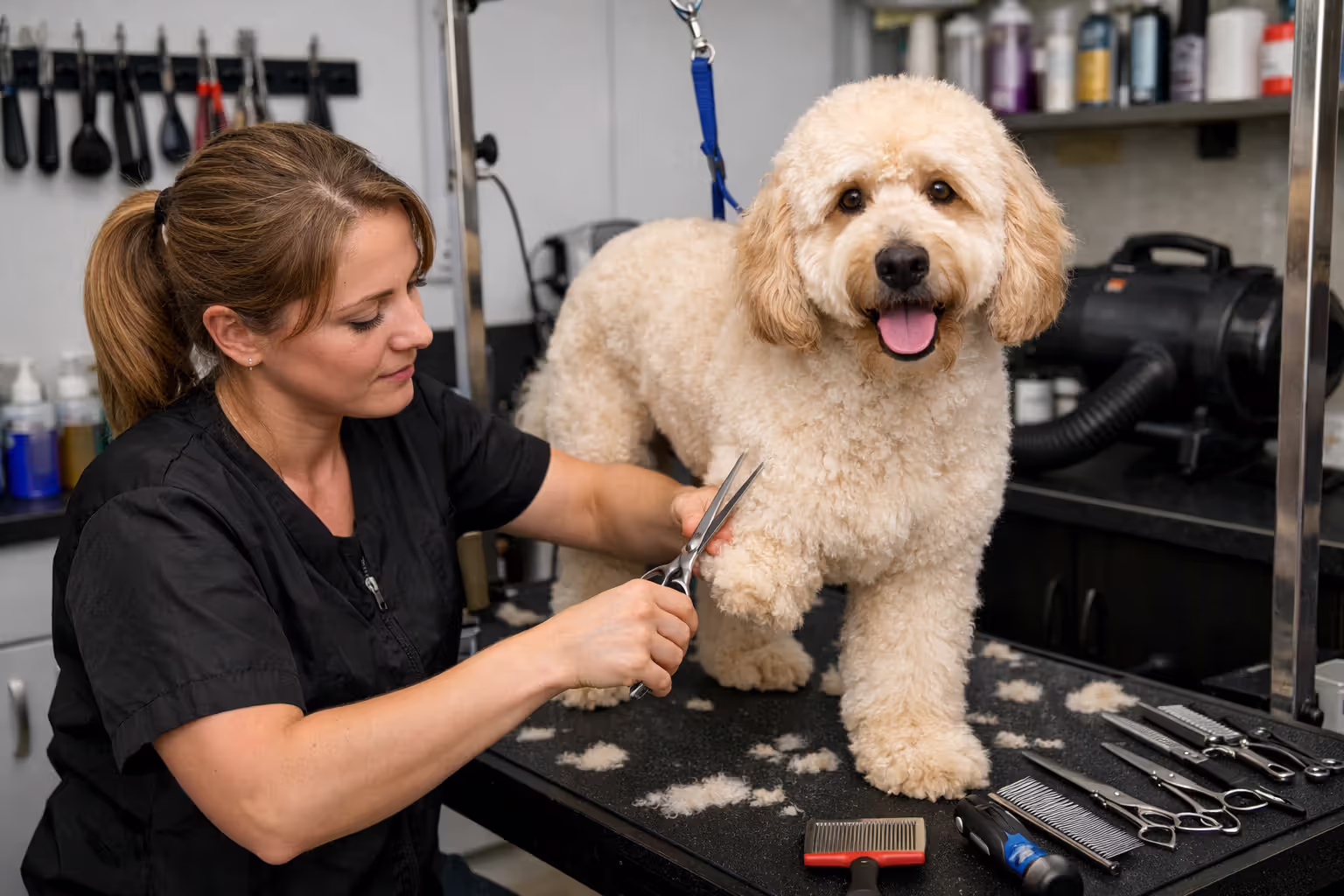 Professional groomer trimming a Goldendoodle on a grooming table in a pet salon