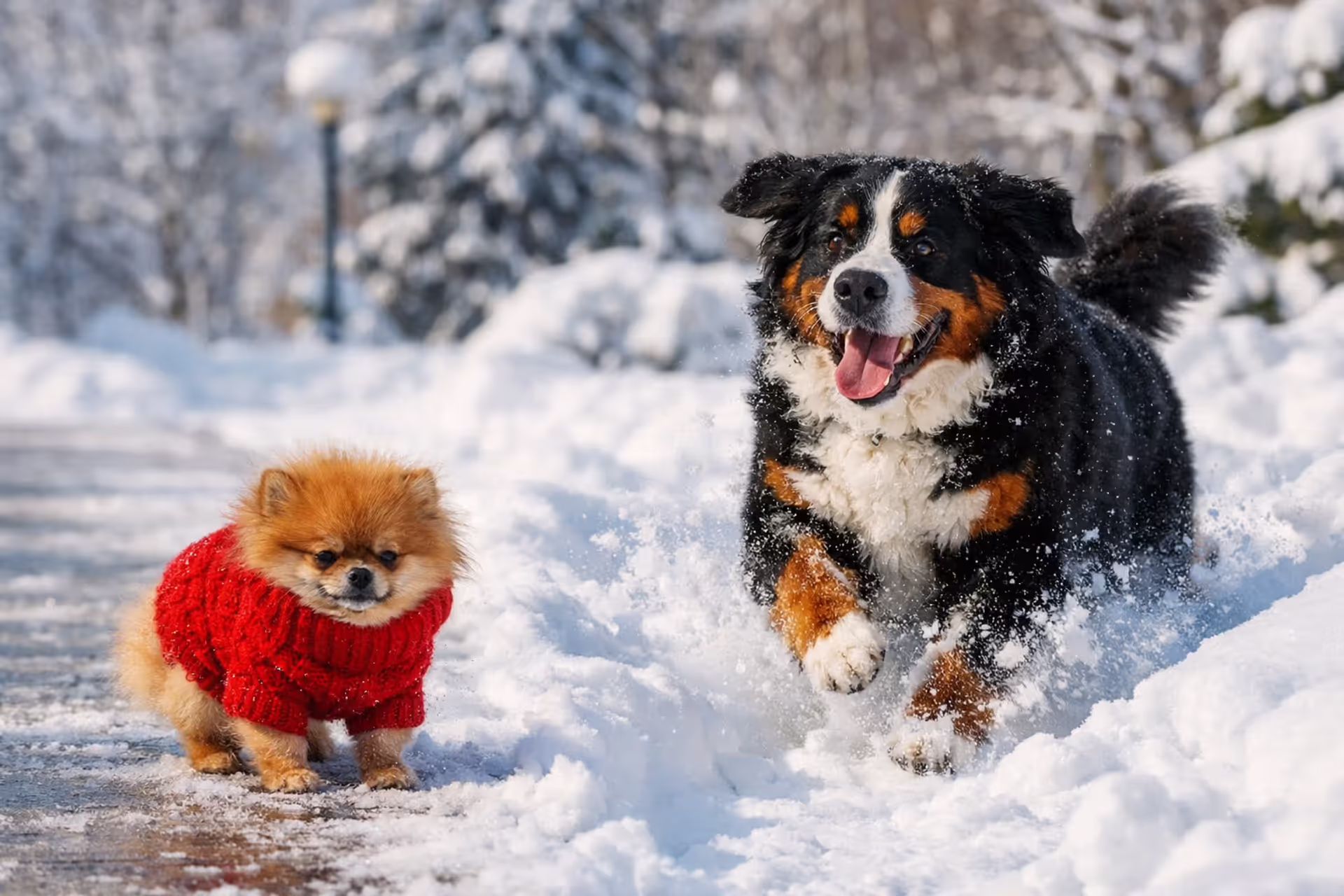 A small Pomeranian in a red knit sweater standing in the snow next to a large Bernese Mountain Dog running freely through deep snow