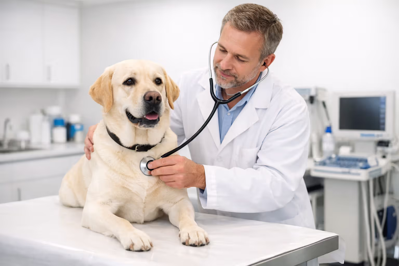 Veterinarian examining a Labrador Retriever with a stethoscope at a clinic
