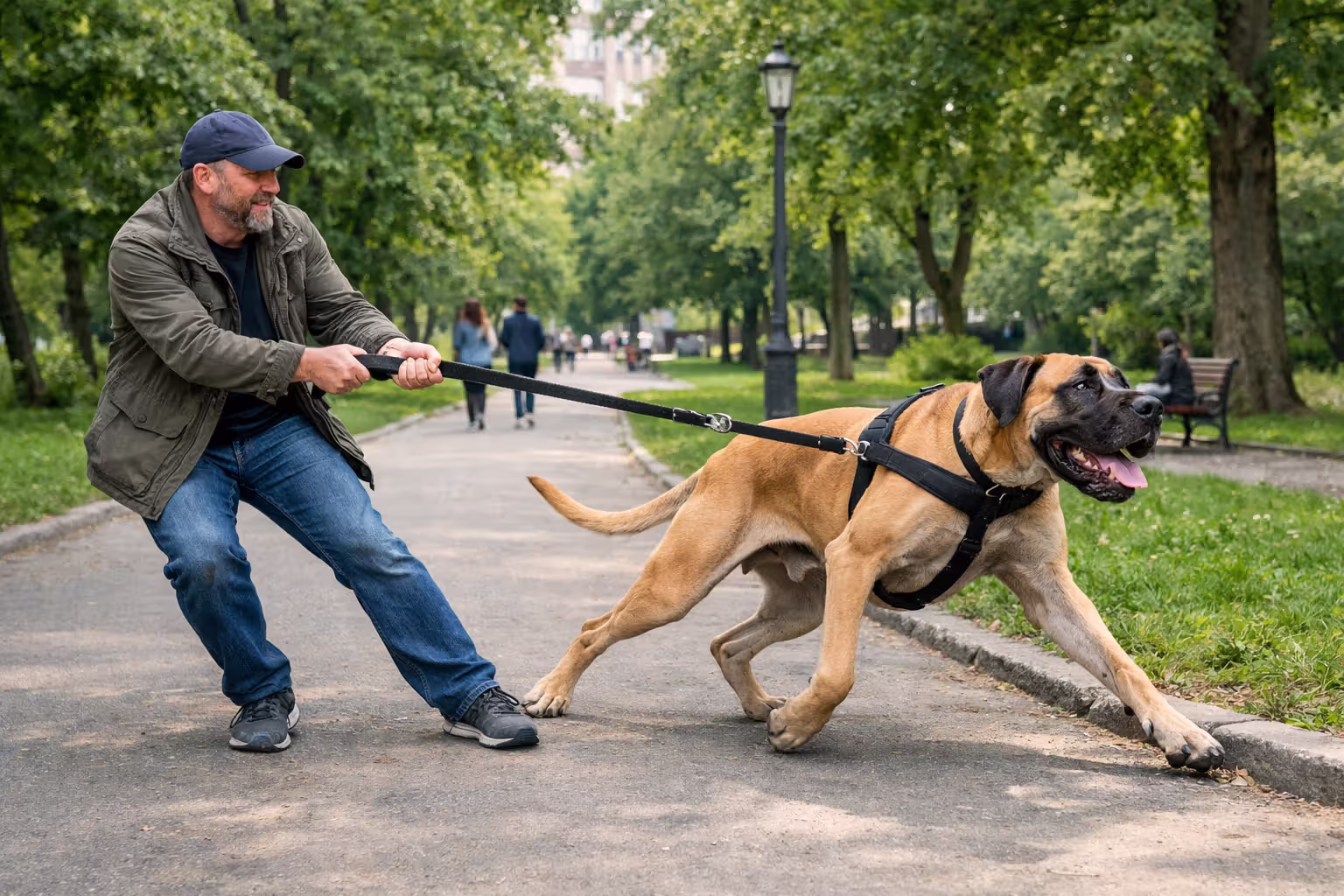 Owner struggling to hold back a large Great Dane on a leash during a walk