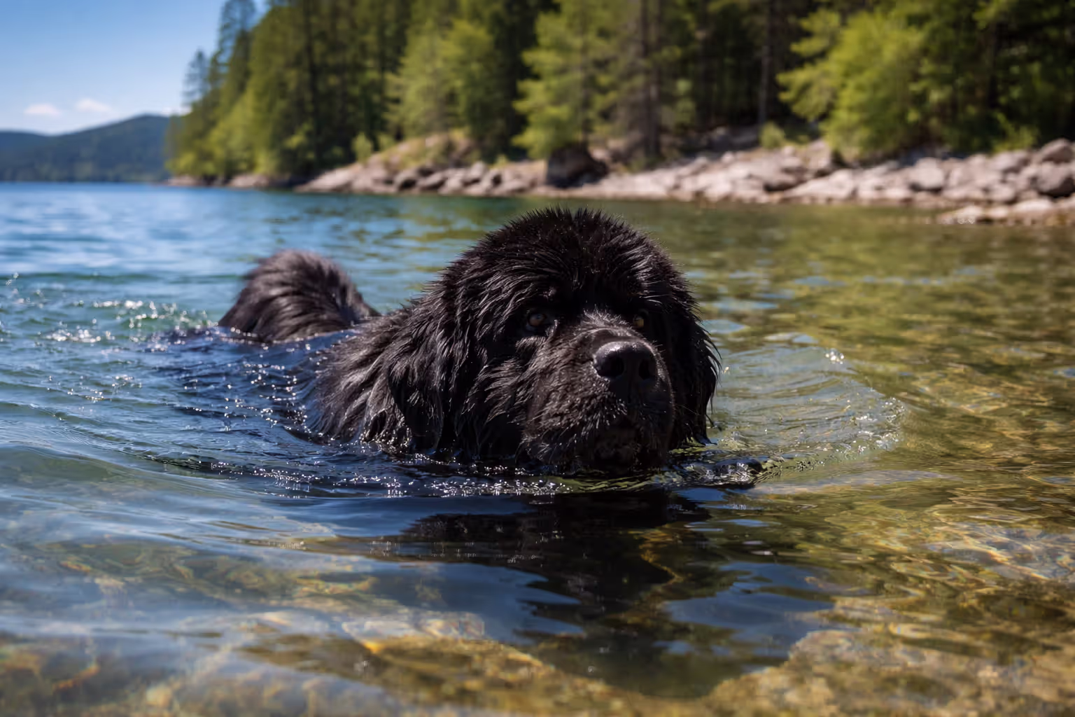 Newfoundland dog swimming in open water showing natural swimming ability