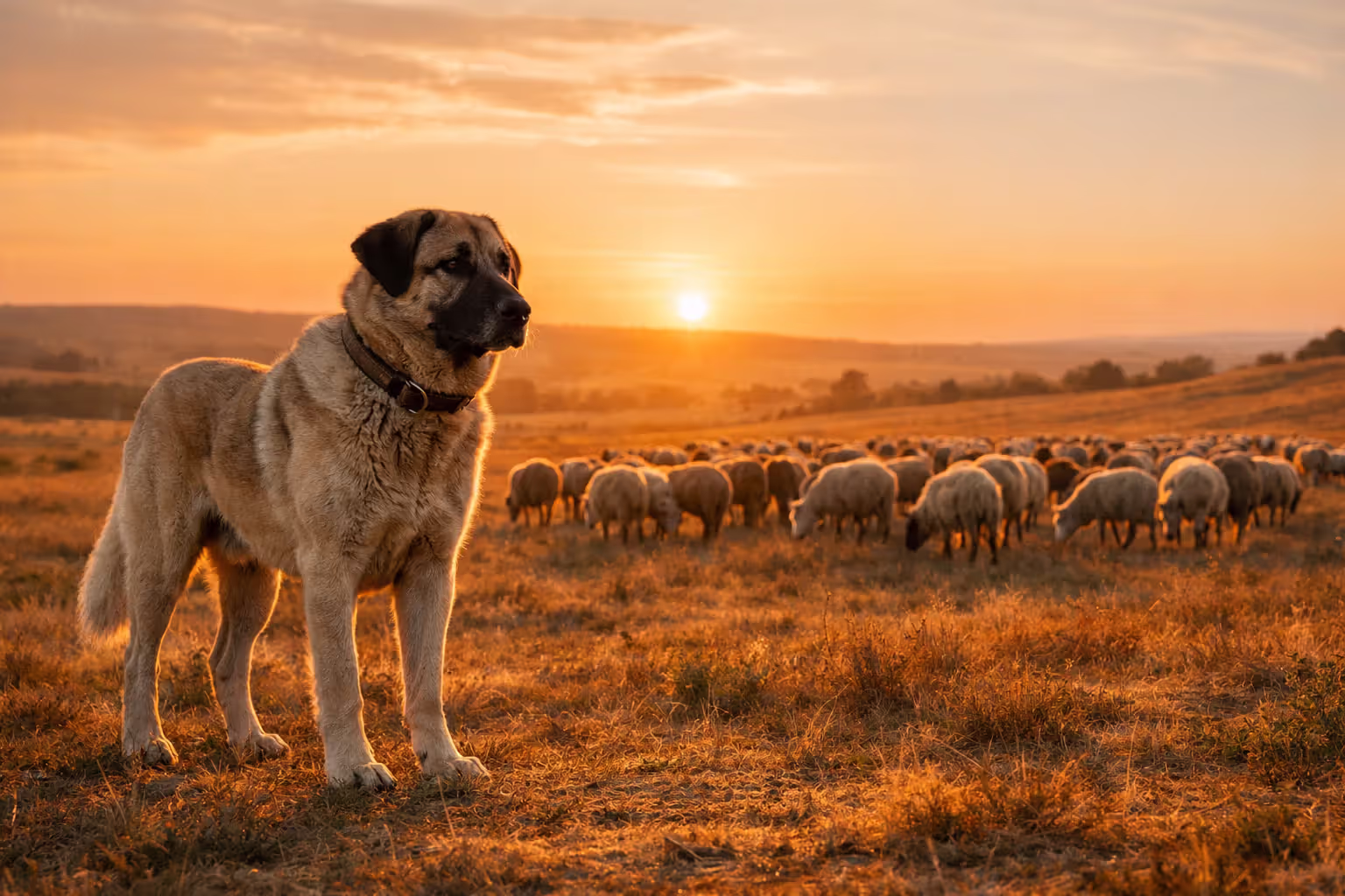Anatolian Shepherd dog guarding a flock of sheep in an open field