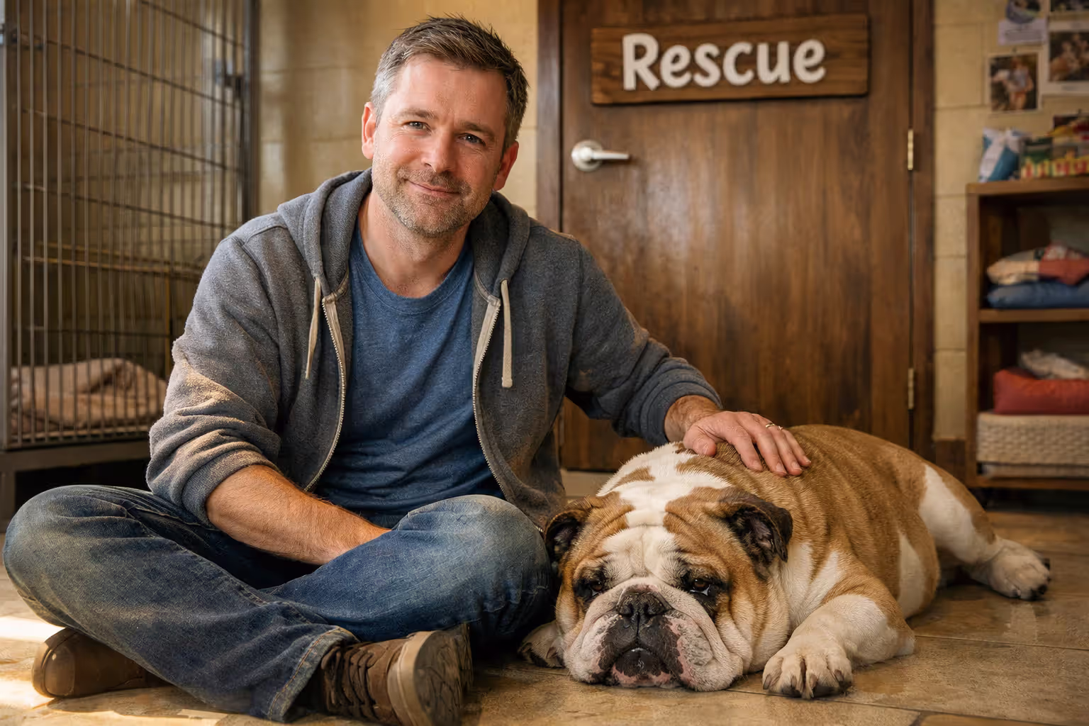 Adult brachycephalic dog with a potential adopter in a rescue shelter environment