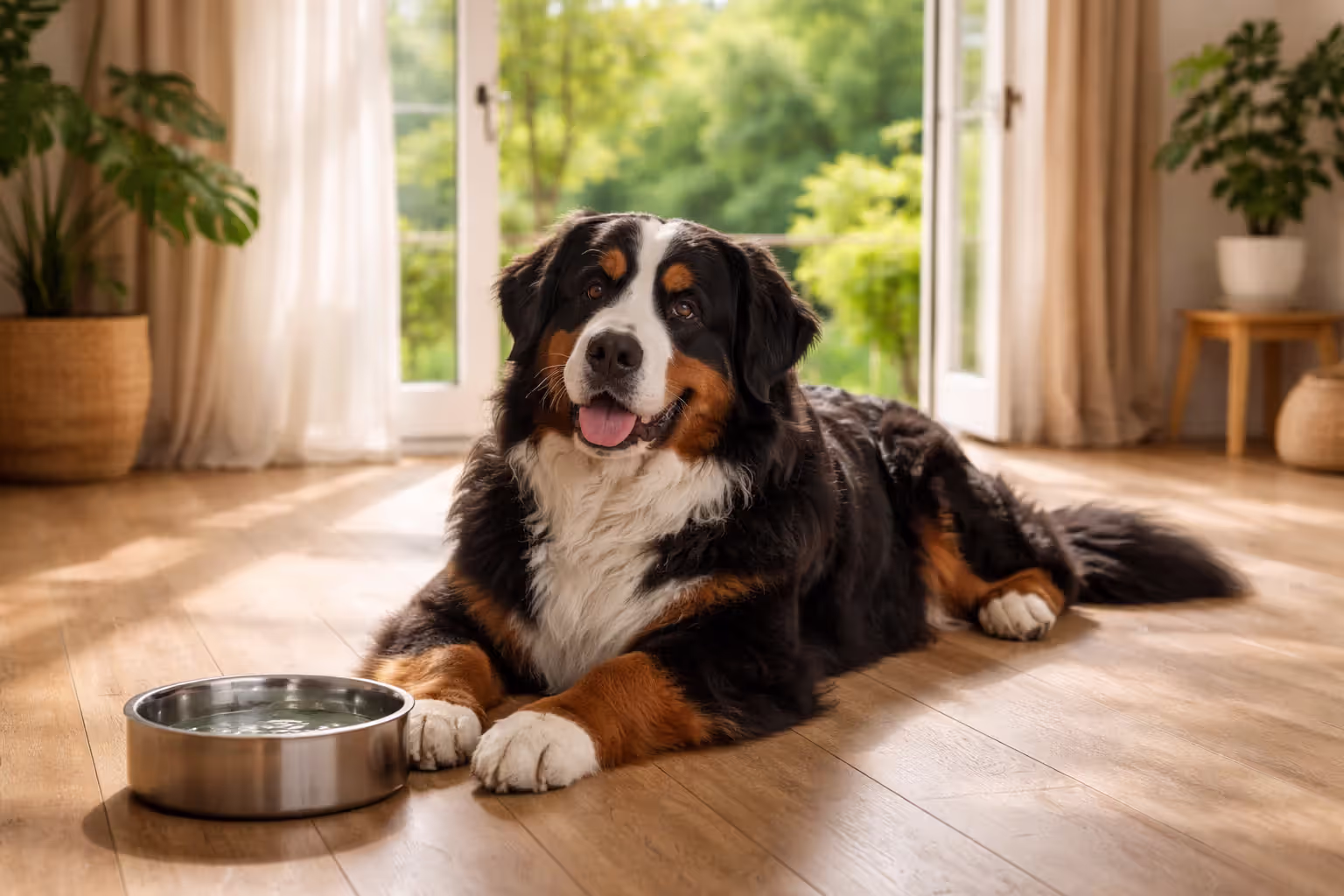 A Bernese Mountain Dog lying calmly on a wooden floor in a sunlit room with a water bowl nearby and a garden view through the window