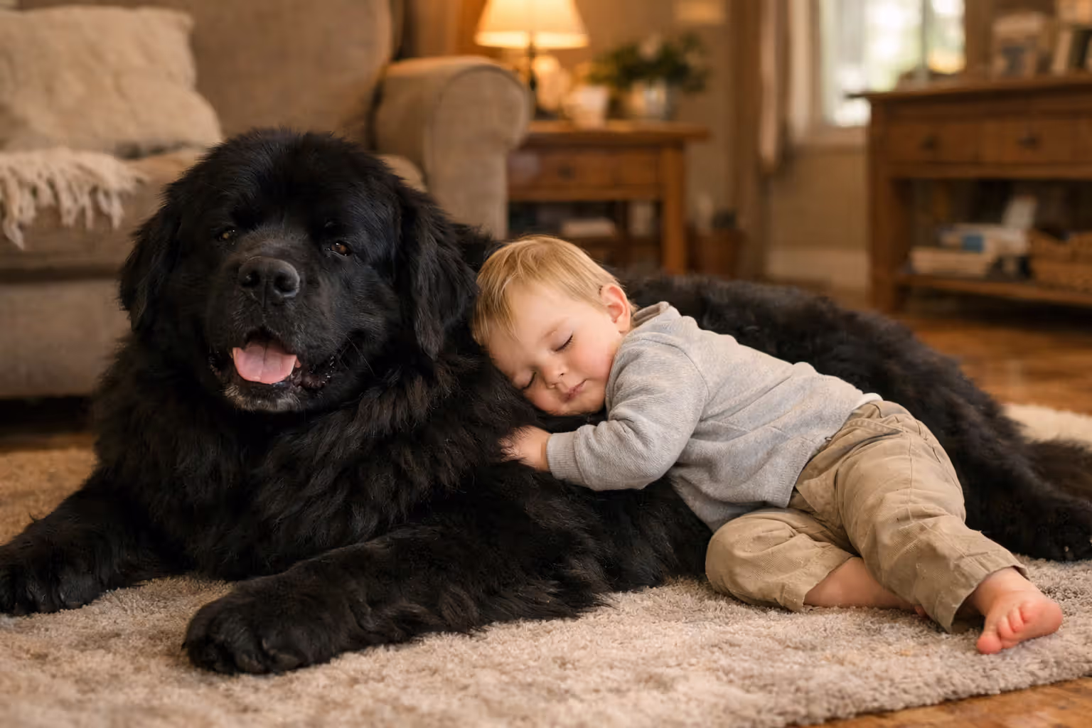 A large black Newfoundland lying on the floor next to a small child leaning on it, showing the breed’s calm and patient nature